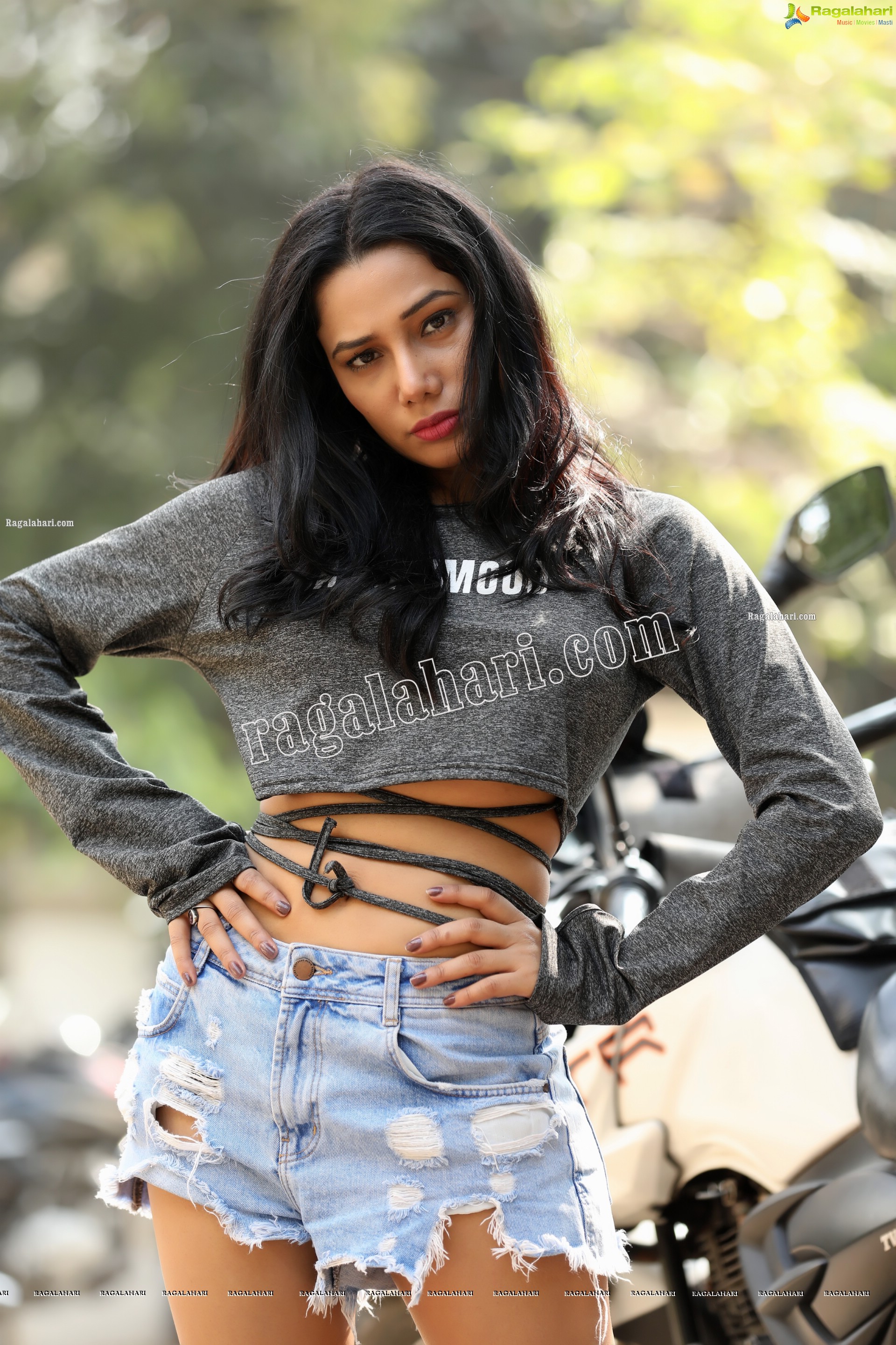 Tueeshaa in Gray Mini Medi Crop Top and Denim Shorts Exclusive Photo Shoot