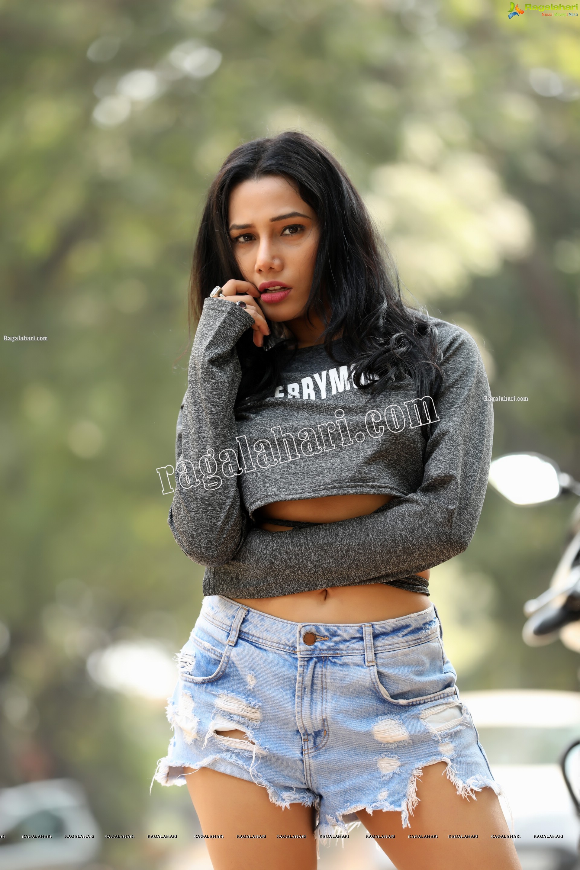 Tueeshaa in Gray Mini Medi Crop Top and Denim Shorts Exclusive Photo Shoot