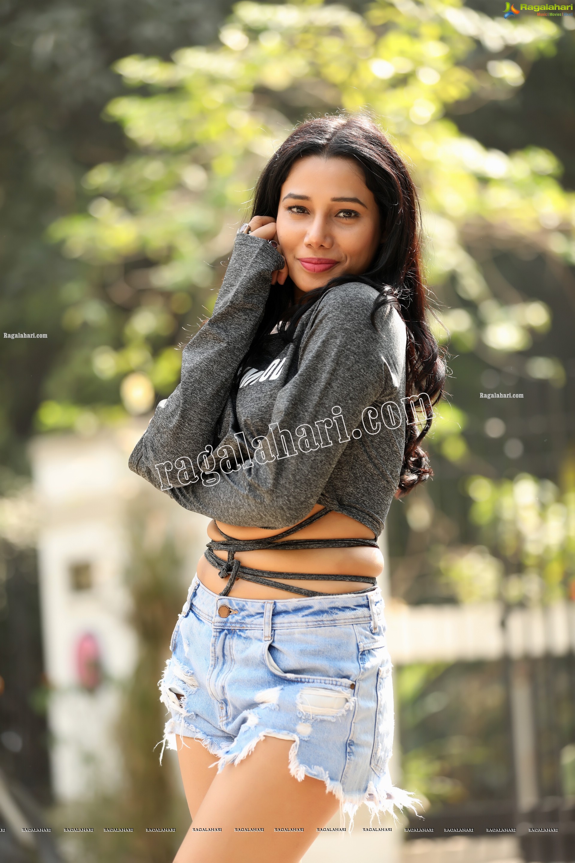 Tueeshaa in Gray Mini Medi Crop Top and Denim Shorts Exclusive Photo Shoot