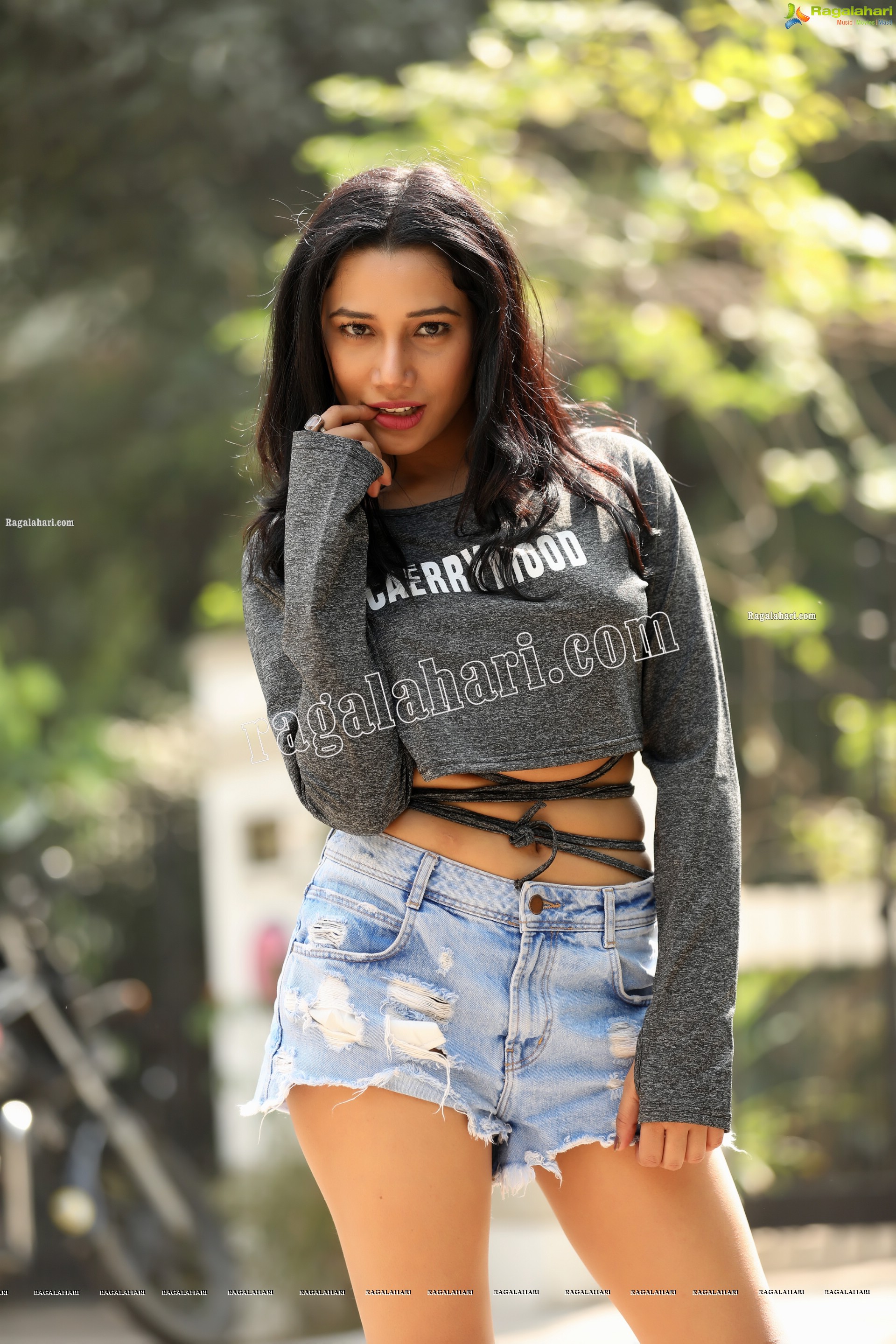 Tueeshaa in Gray Mini Medi Crop Top and Denim Shorts Exclusive Photo Shoot