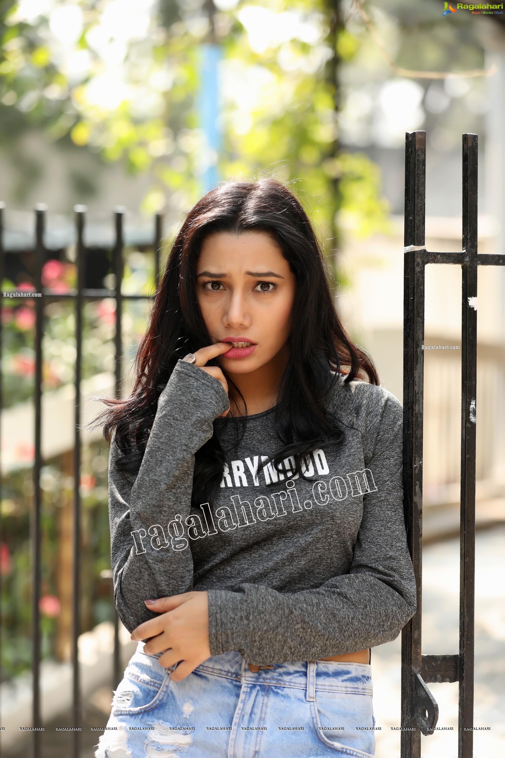 Tueeshaa in Gray Mini Medi Crop Top and Denim Shorts Exclusive Photo Shoot