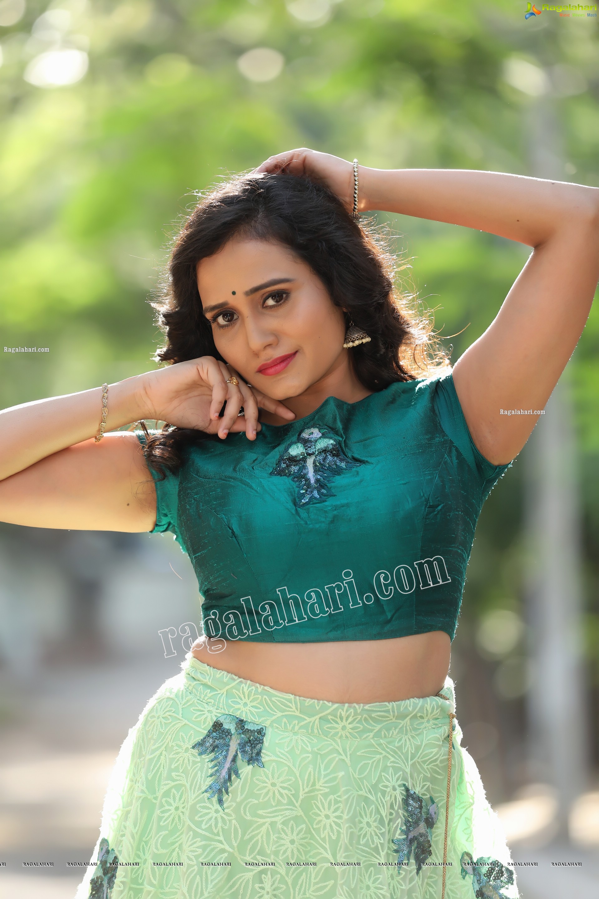 VJ Jaanu in Emerald Green Crop Top and Lehenga Exclusive Photo Shoot