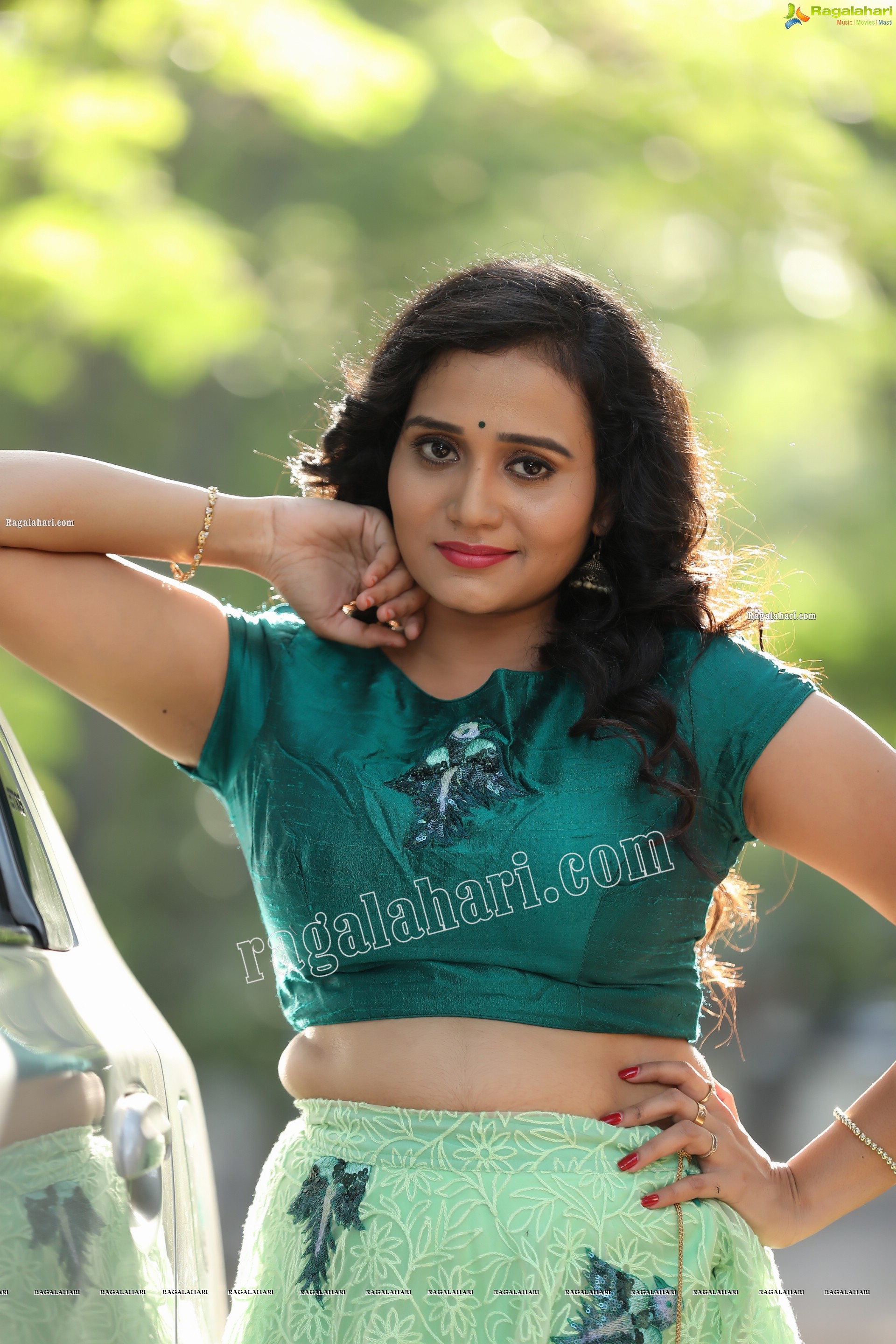 VJ Jaanu in Emerald Green Crop Top and Lehenga Exclusive Photo Shoot