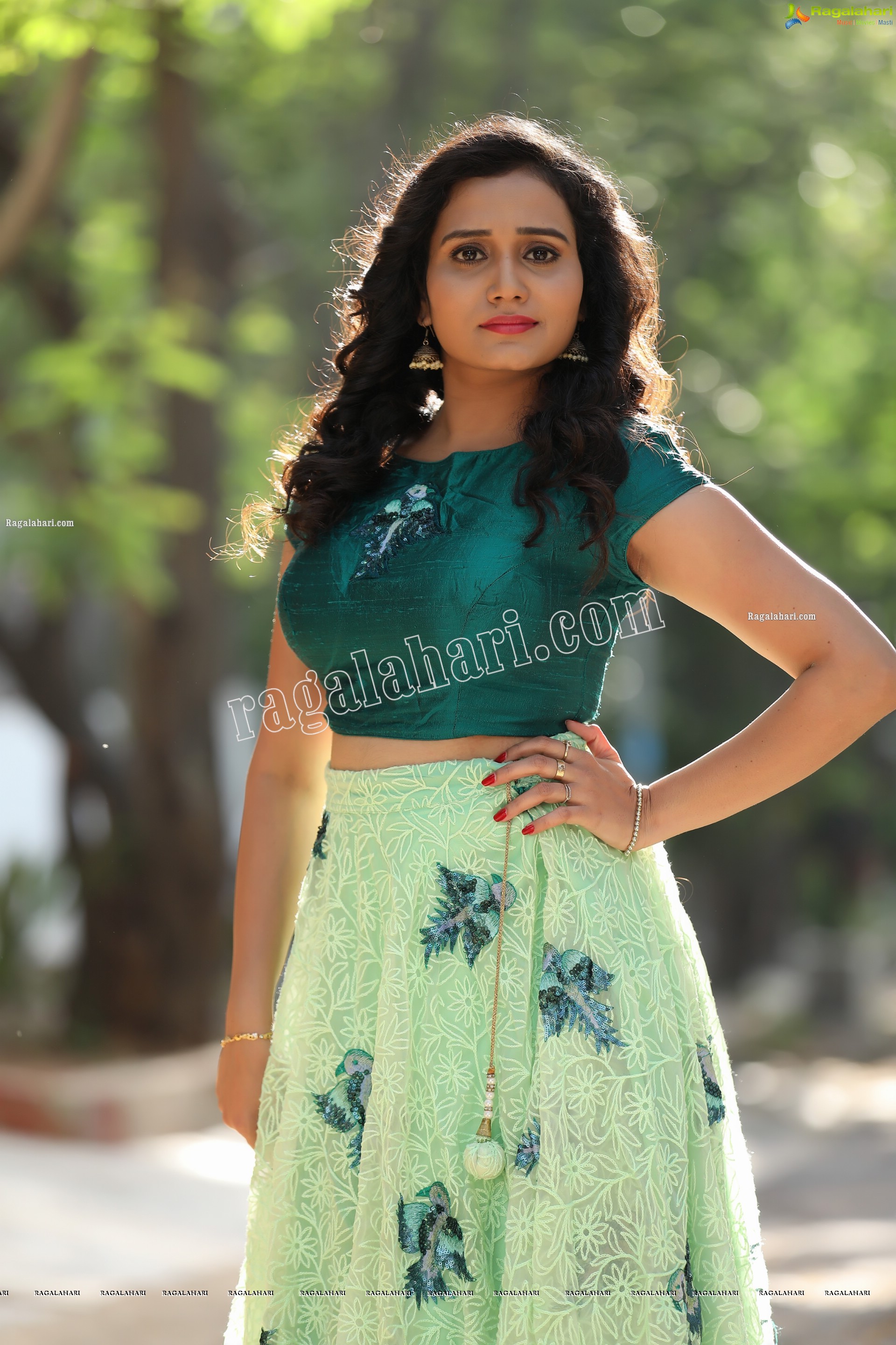 VJ Jaanu in Emerald Green Crop Top and Lehenga Exclusive Photo Shoot