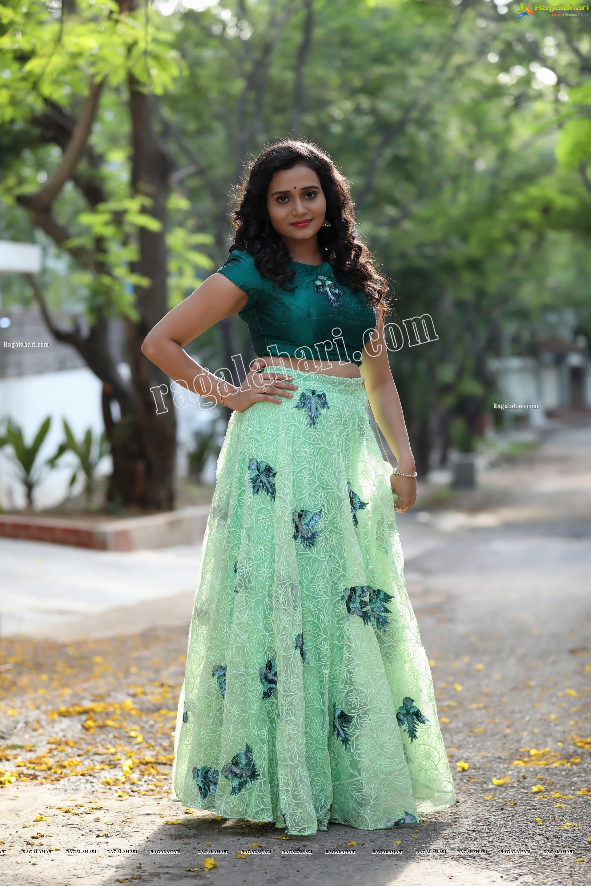 VJ Jaanu in Emerald Green Crop Top and Lehenga Exclusive Photo Shoot