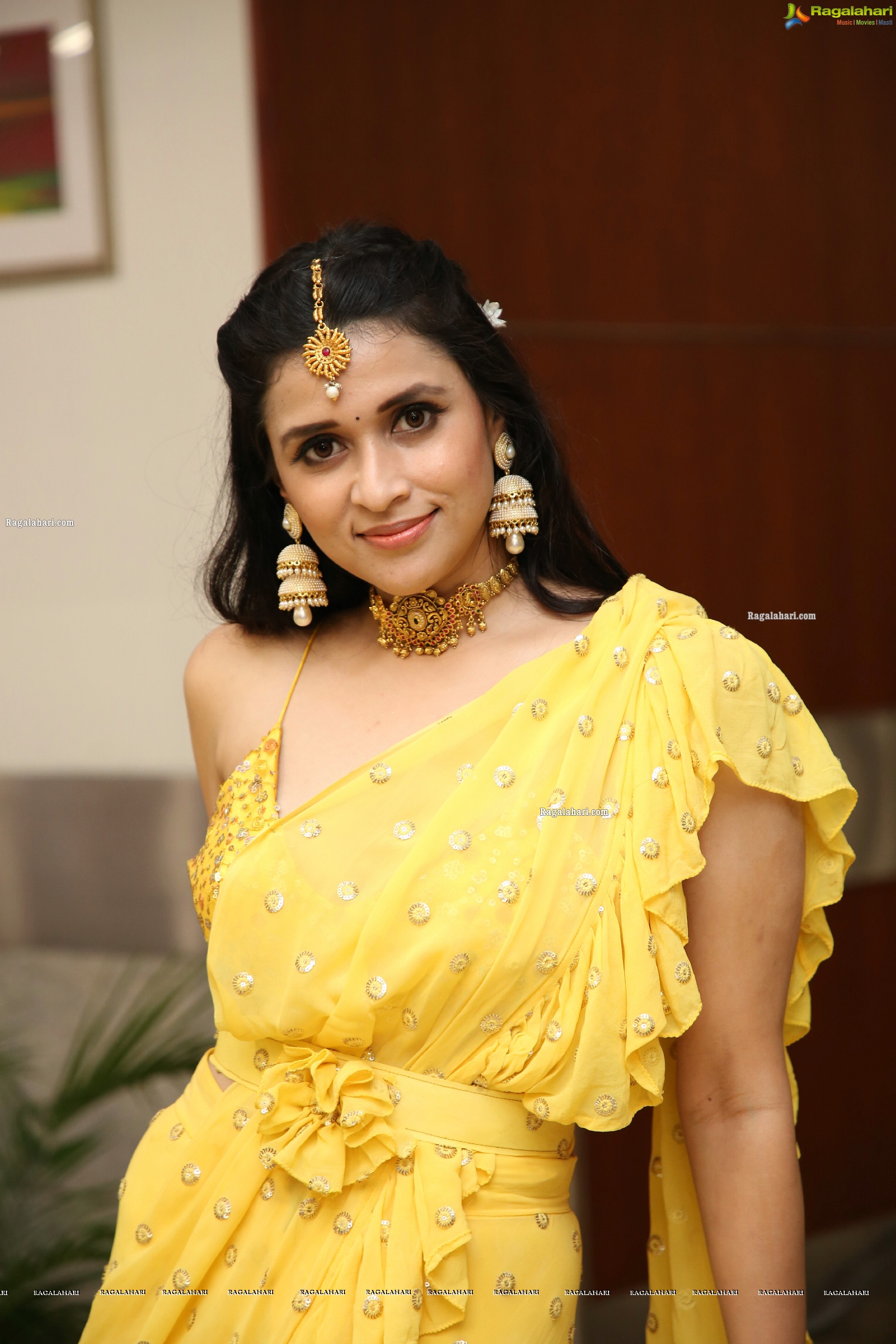 Mannara Chopra in Yellow Designer Dress, HD Photo Gallery