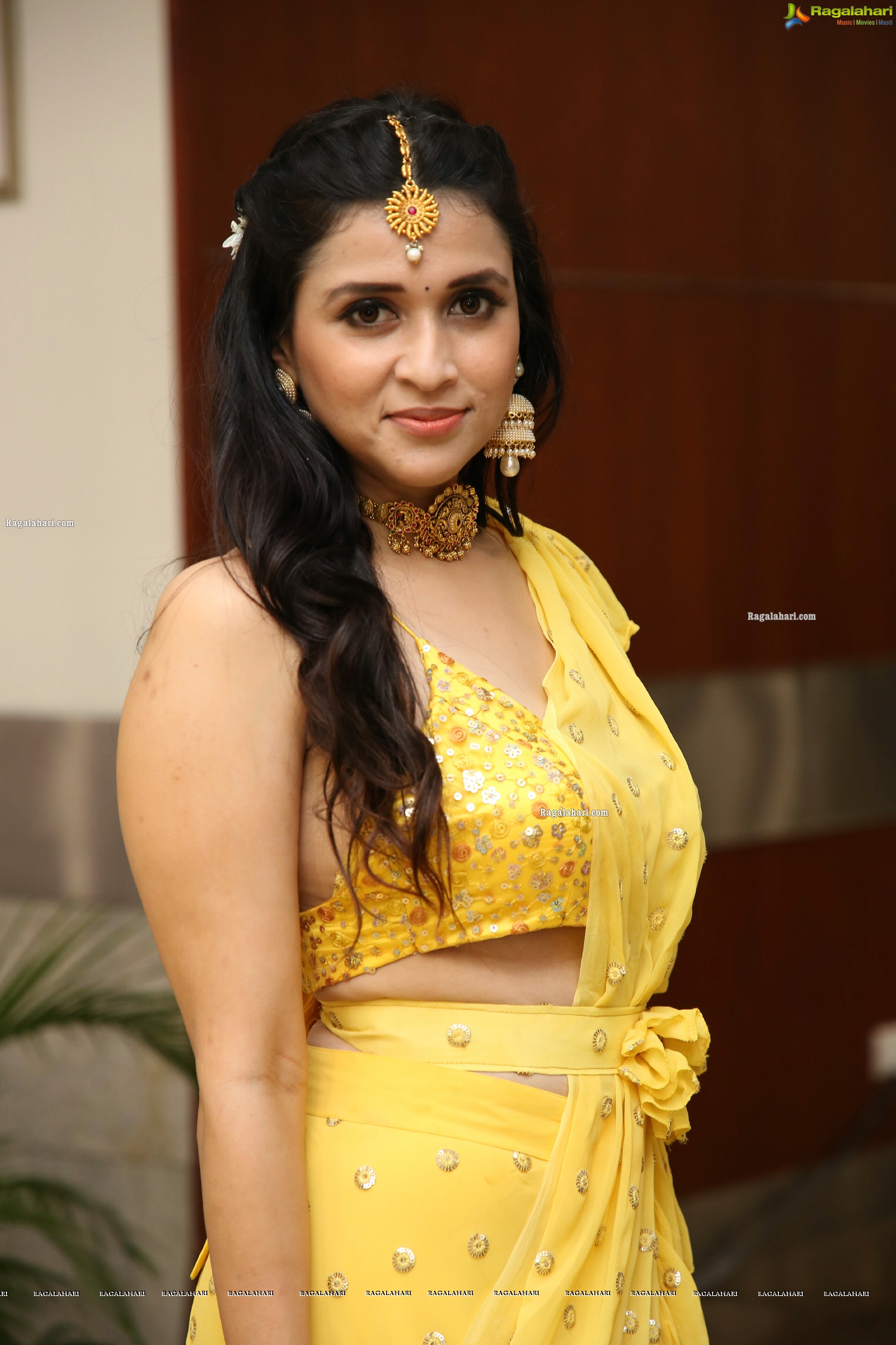 Mannara Chopra in Yellow Designer Dress, HD Photo Gallery