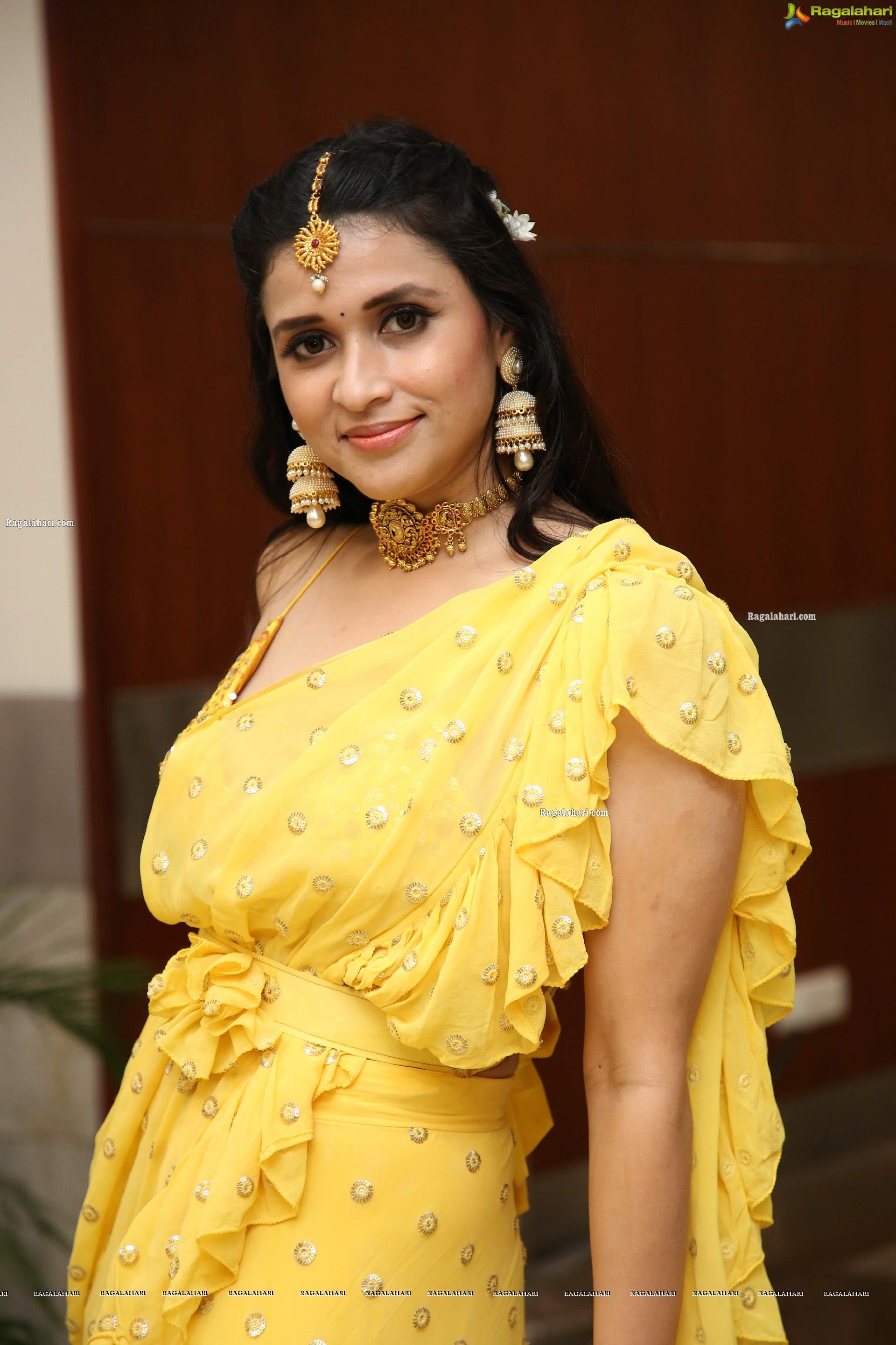 Mannara Chopra in Yellow Designer Dress, HD Photo Gallery