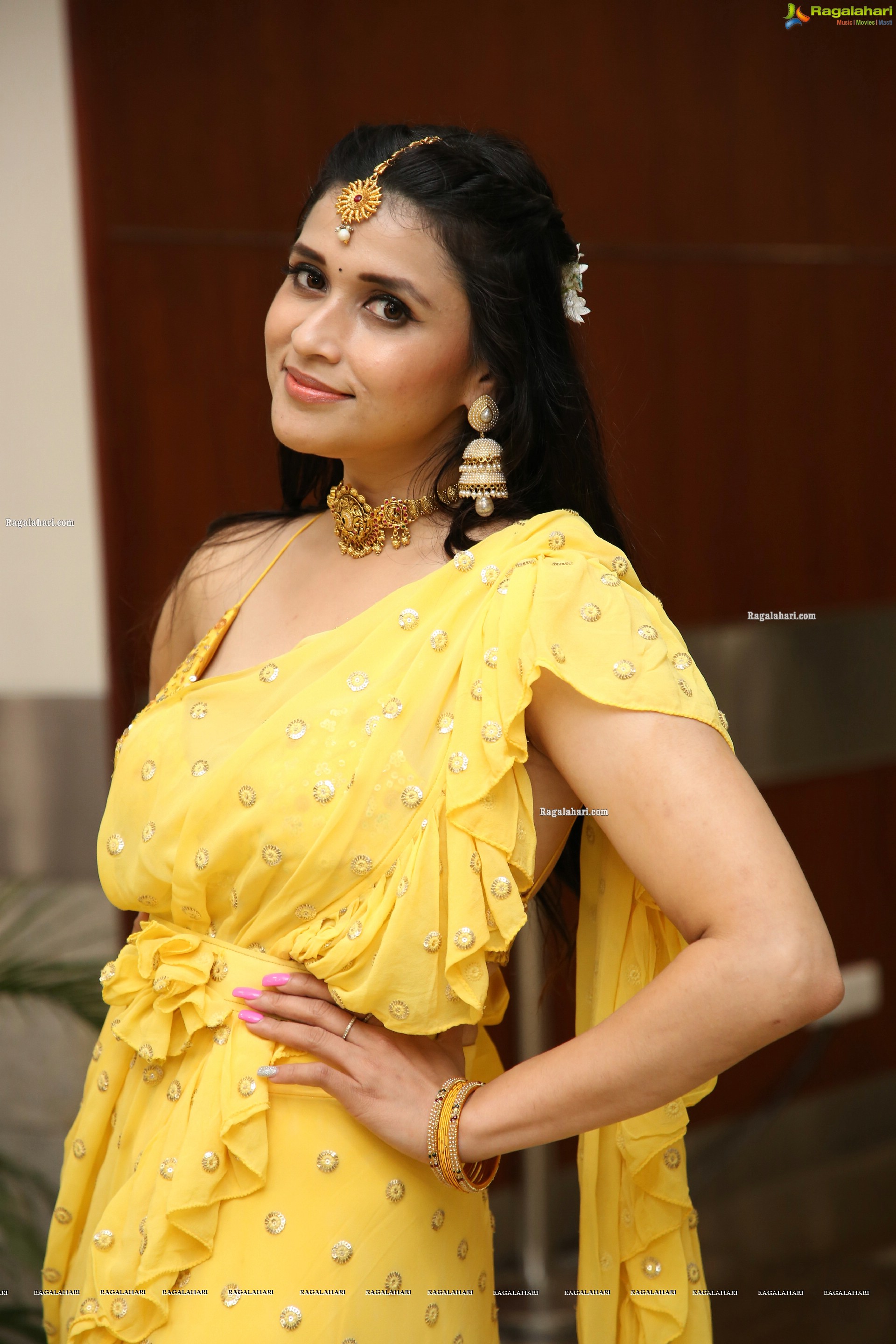 Mannara Chopra in Yellow Designer Dress, HD Photo Gallery