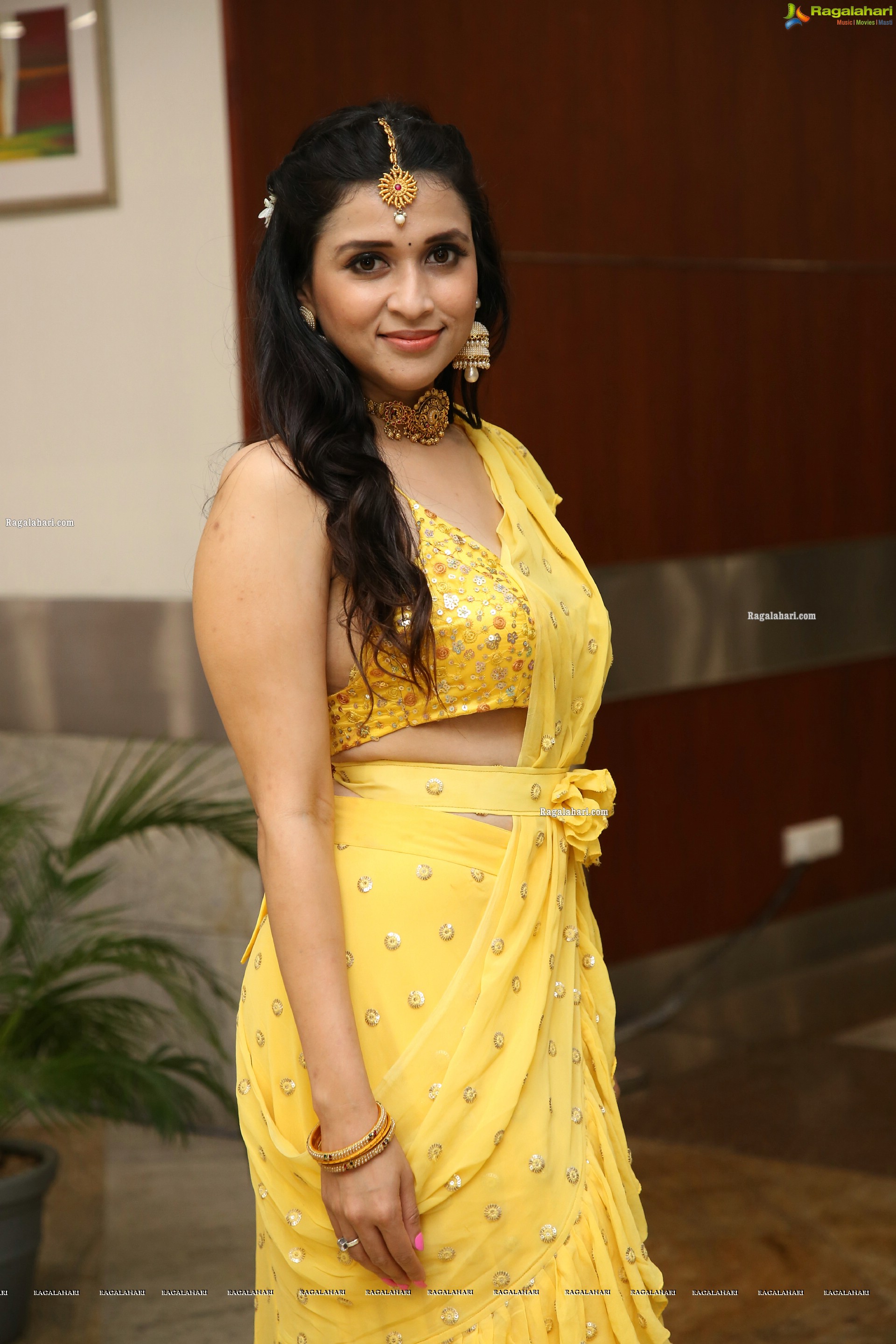 Mannara Chopra in Yellow Designer Dress, HD Photo Gallery