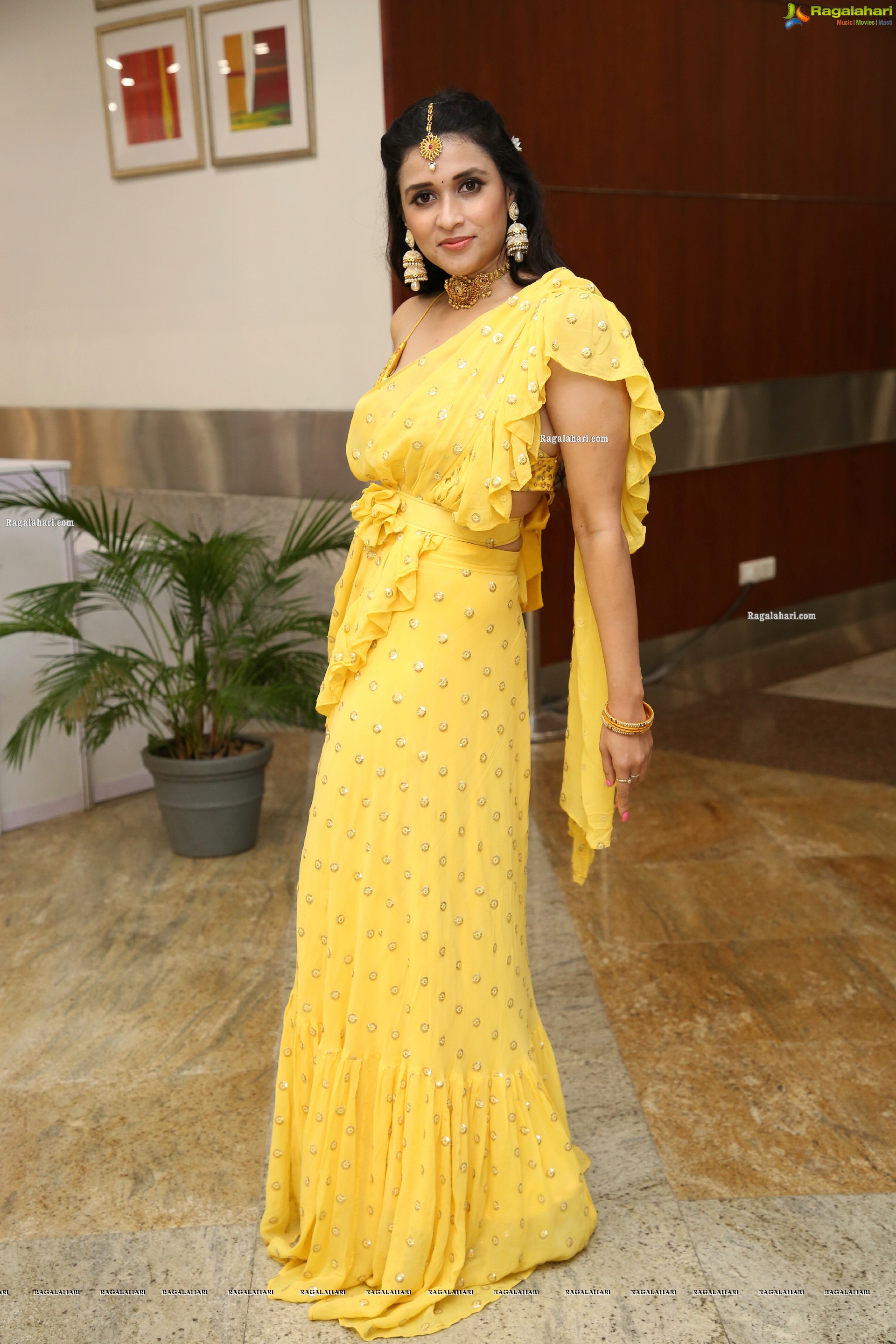 Mannara Chopra in Yellow Designer Dress, HD Photo Gallery