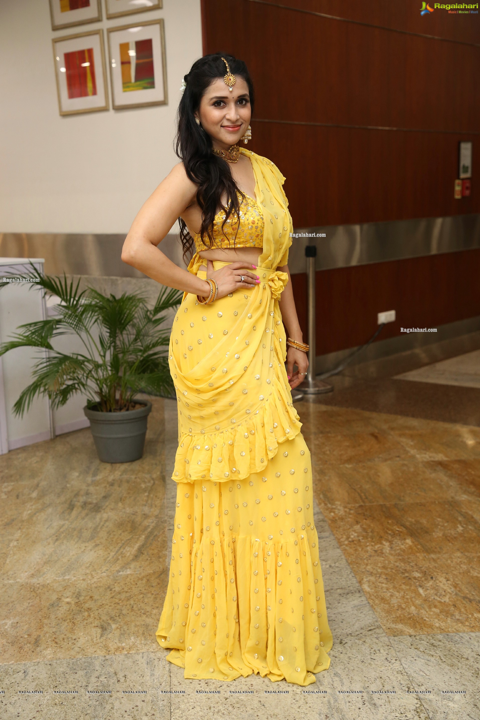 Mannara Chopra in Yellow Designer Dress, HD Photo Gallery