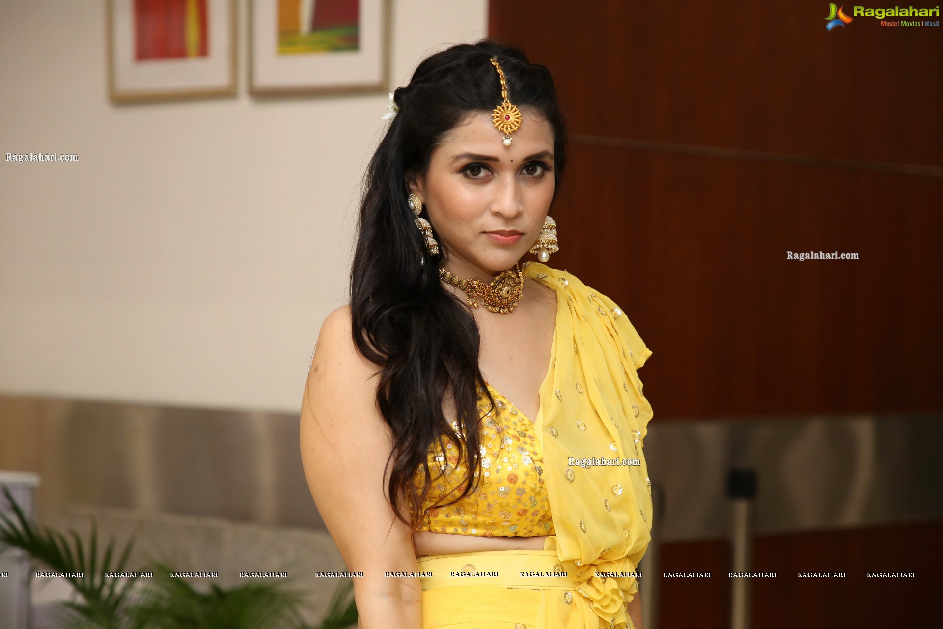 Mannara Chopra in Yellow Designer Dress, HD Photo Gallery