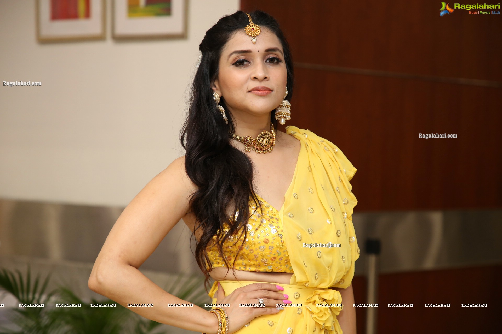 Mannara Chopra in Yellow Designer Dress, HD Photo Gallery