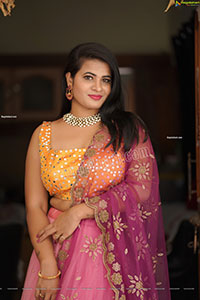 Anusha Venugopal in Pink and Yellow Embellished Lehenga