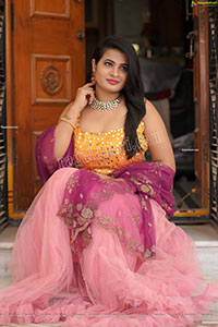 Anusha Venugopal in Pink and Yellow Embellished Lehenga