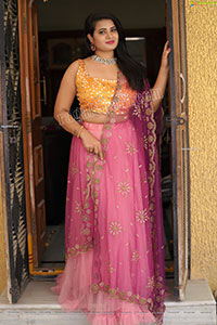 Anusha Venugopal in Pink and Yellow Embellished Lehenga
