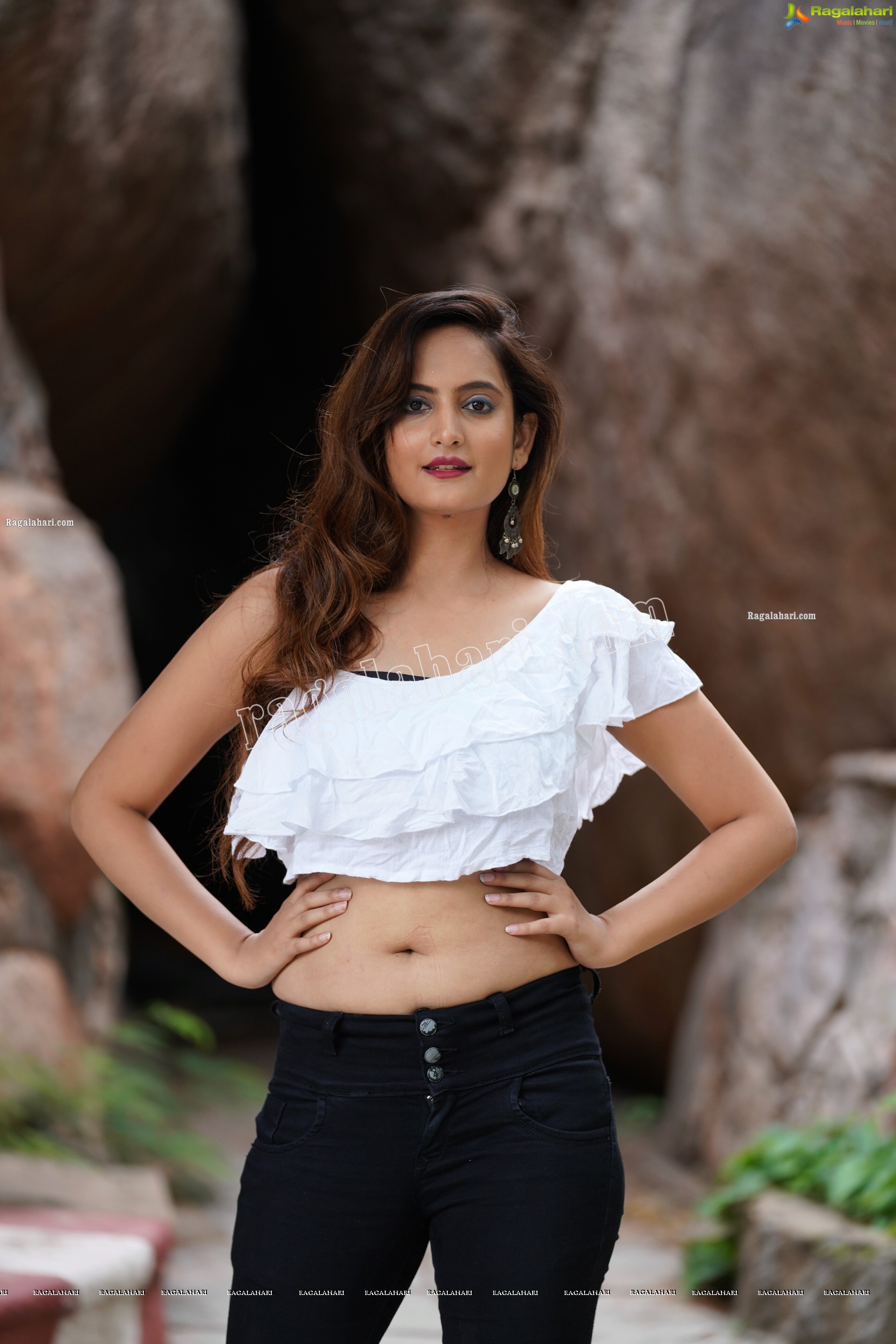 Dhriti Patel in White One-shoulder Ruffled Crop Top and Black Jeans, Exclusive Photo Shoot