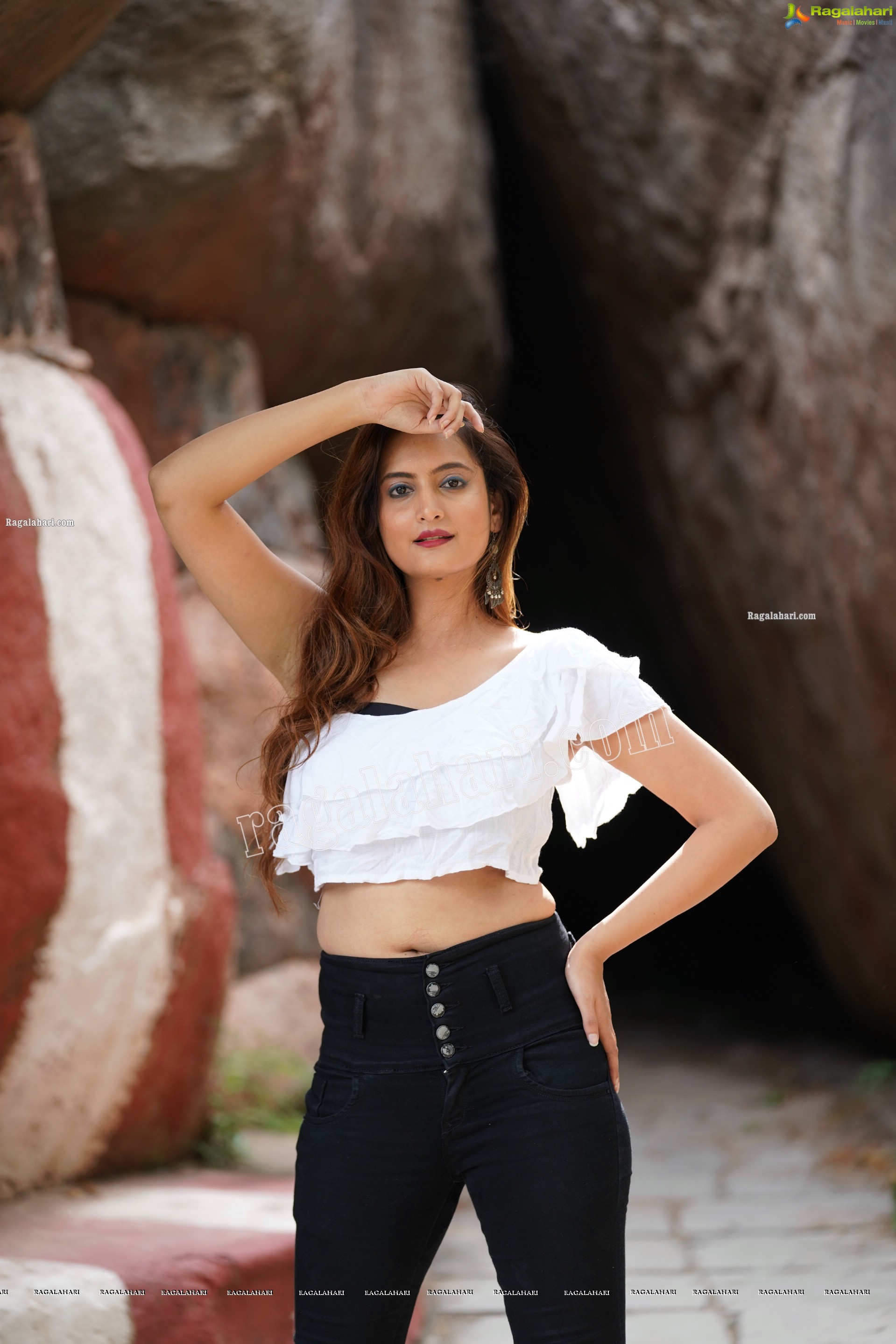 Dhriti Patel in White One-shoulder Ruffled Crop Top and Black Jeans, Exclusive Photo Shoot