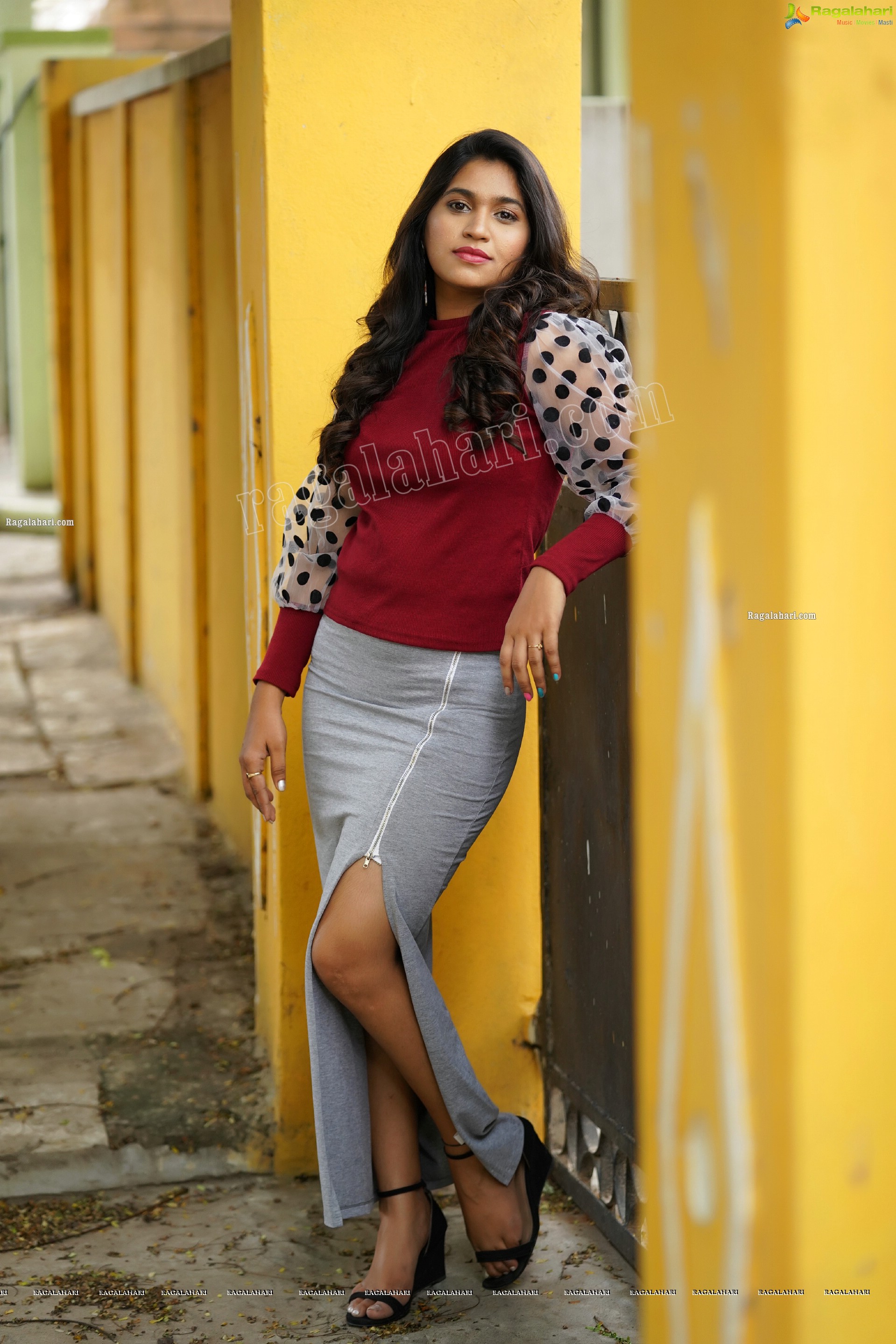 Honey Royal in Gray Side Slit Skirt and Red Top, Exclusive Photoshoot