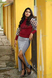 Honey Royal in Gray Side Slit Skirt and Red Top