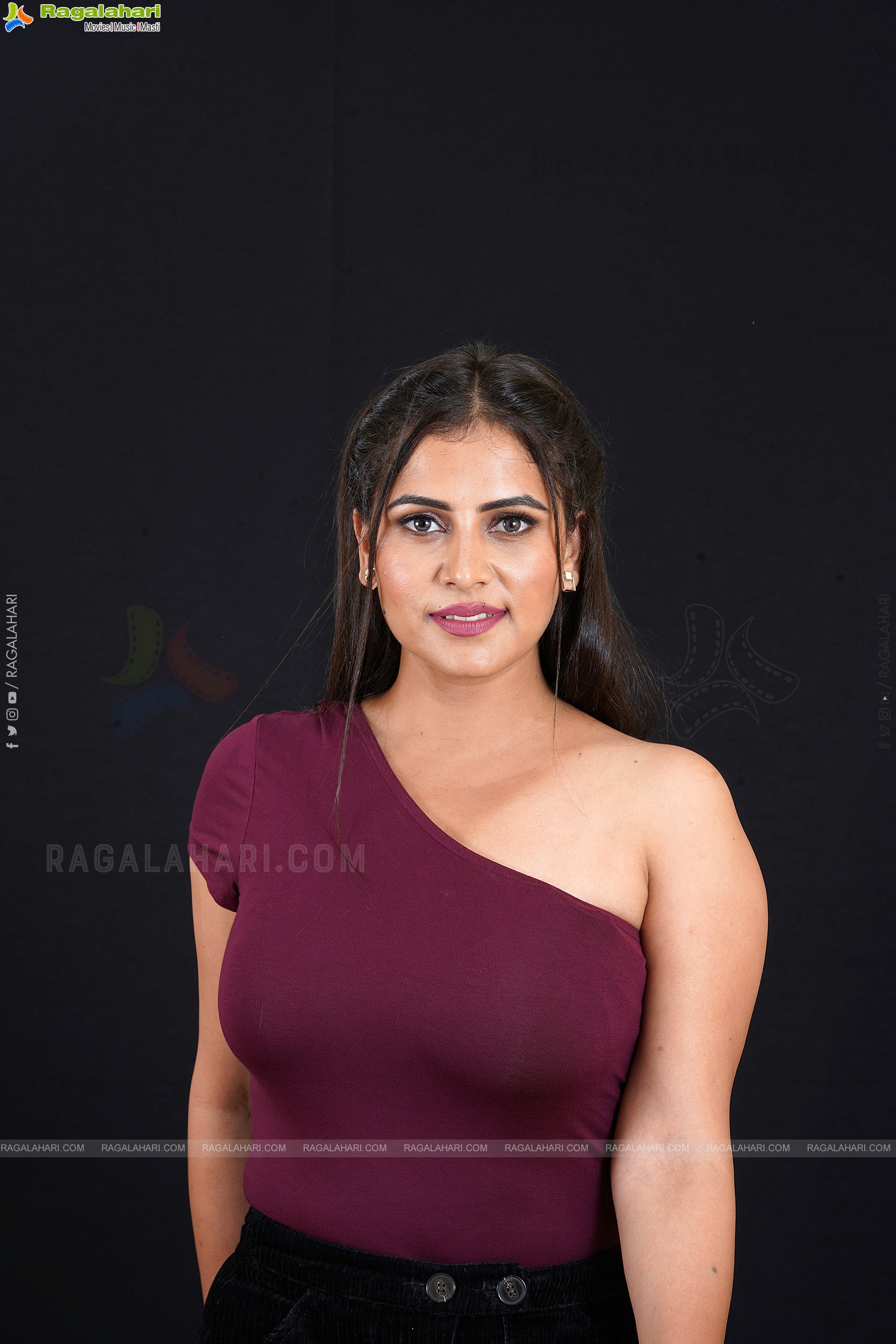 Aditi Singh in Burgundy One Shoulder Crop Top and Black Shorts, Exclusive Photo Shoot