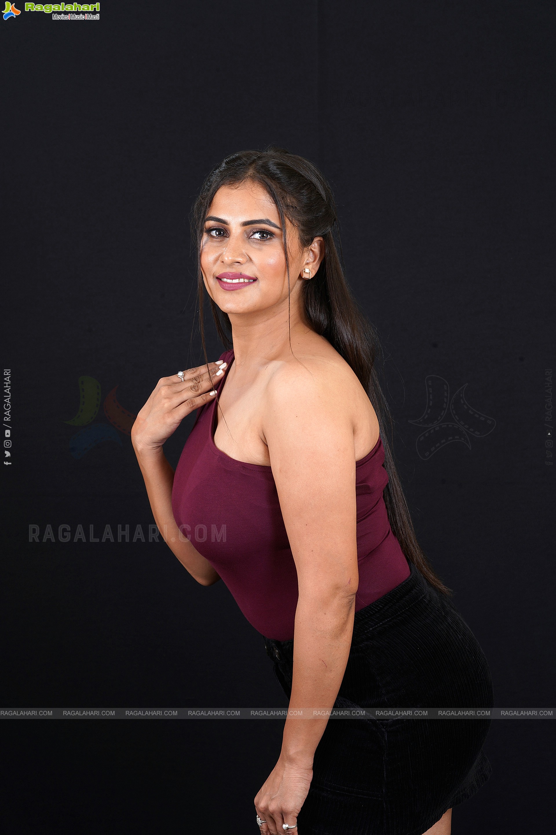 Aditi Singh in Burgundy One Shoulder Crop Top and Black Shorts, Exclusive Photo Shoot