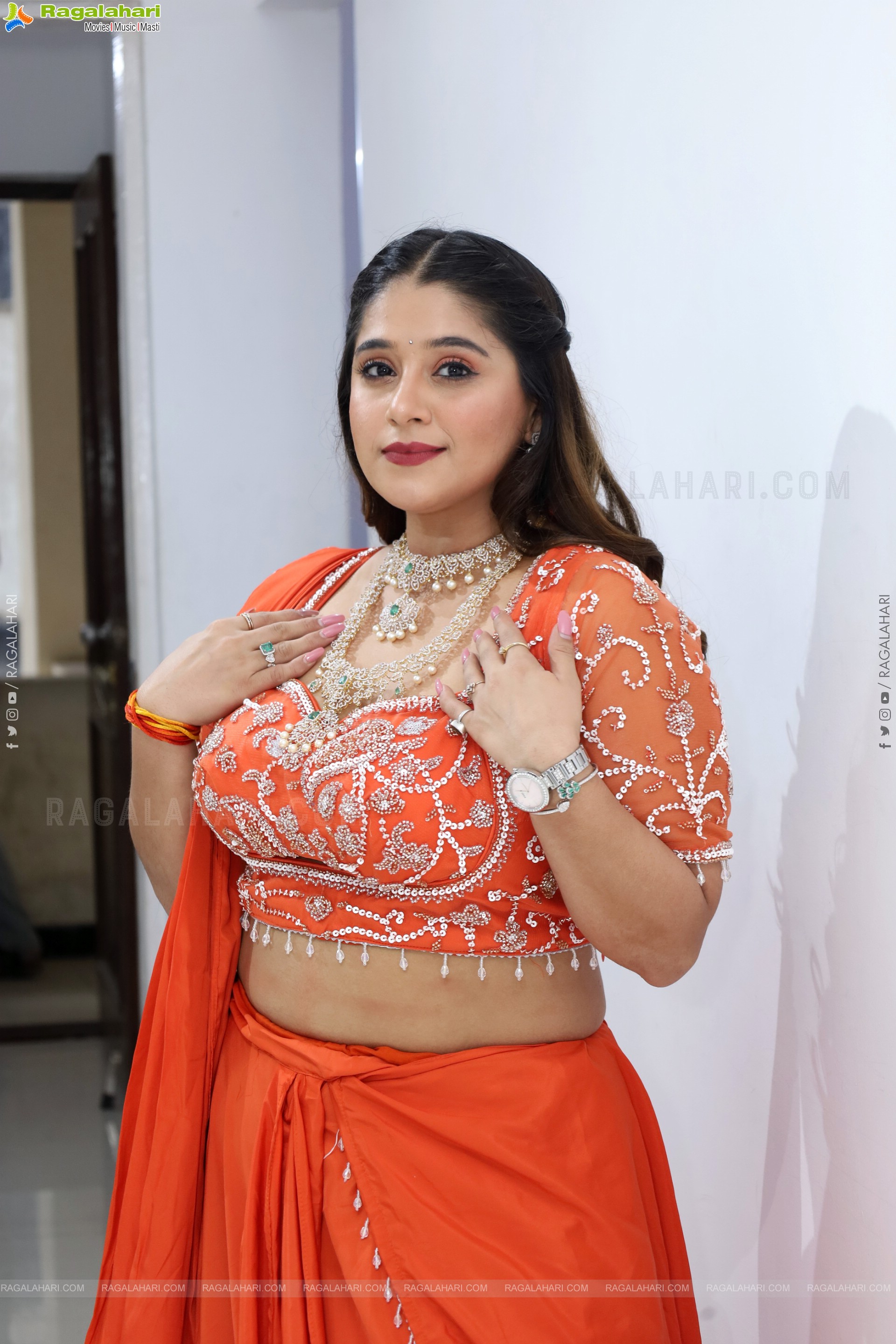 Chandni Bhagwanani in Orange Lehenga Choli, HD Gallery