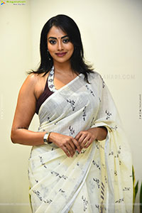 Kamakshi Bhaskarla Glam stills in Organza White Linen Saree
