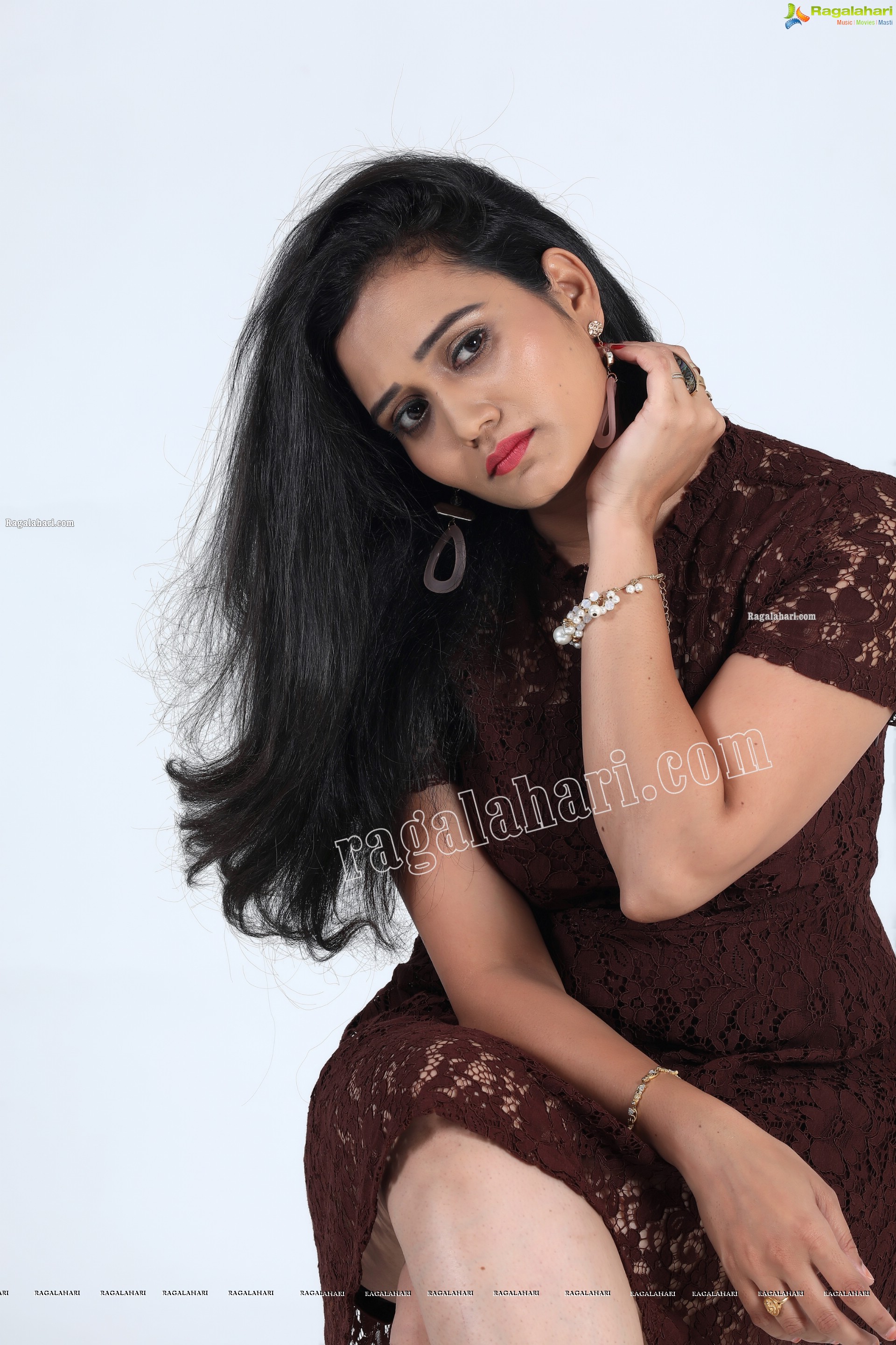 VJ Jaanu in Dark Brown Lace Skater Dress Exclusive Photo Shoot