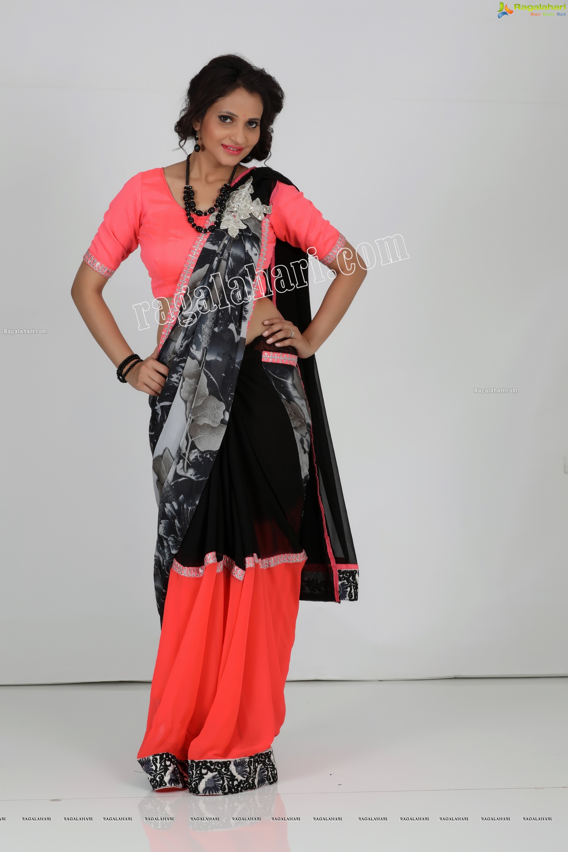 Khushboo Naaz in Black and Peach Printed Chiffon Saree Exclusive Photo Shoot