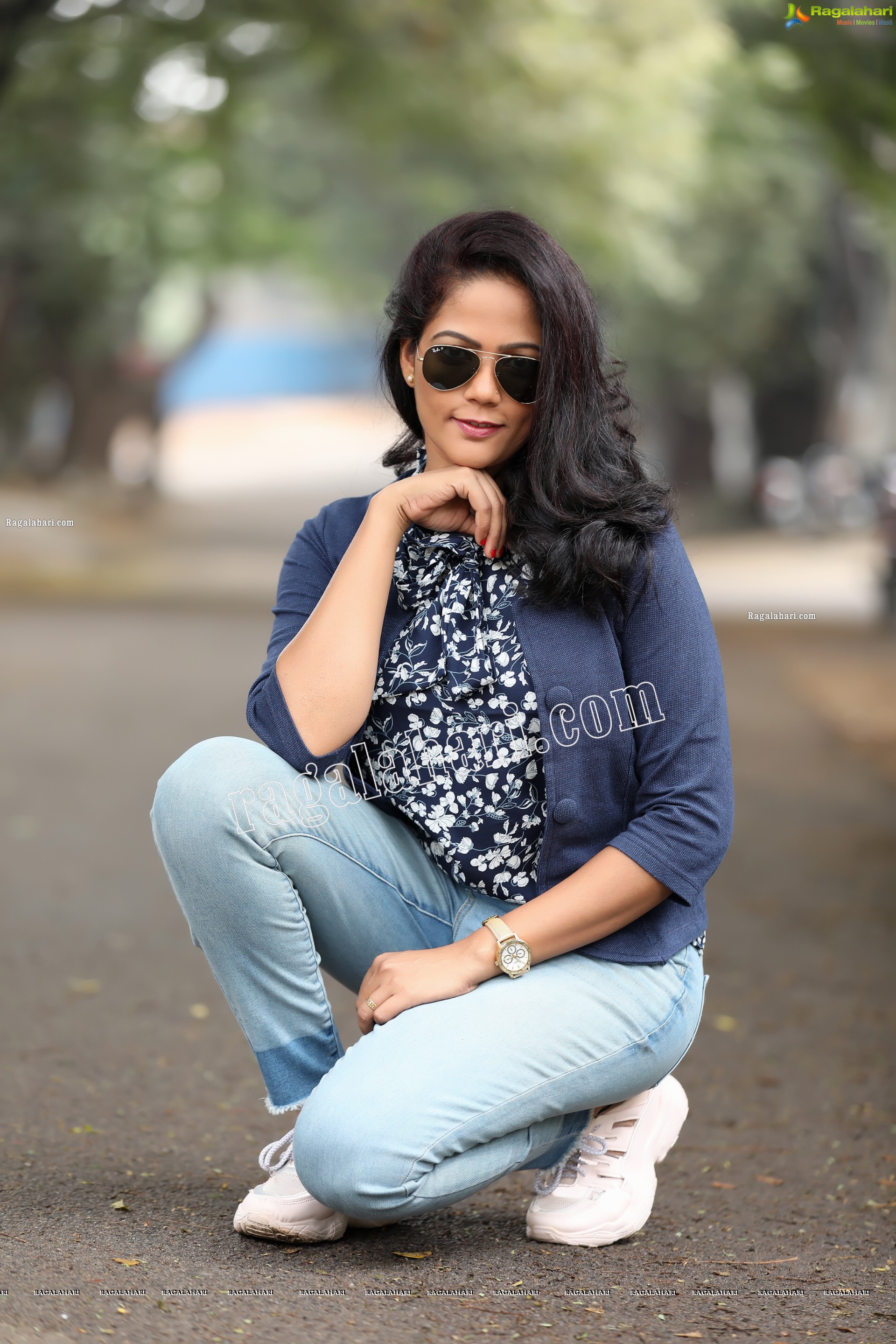 Shaik Faiza in Blue Floral Top and Denim Jacket, Exclusive Photo Shoot