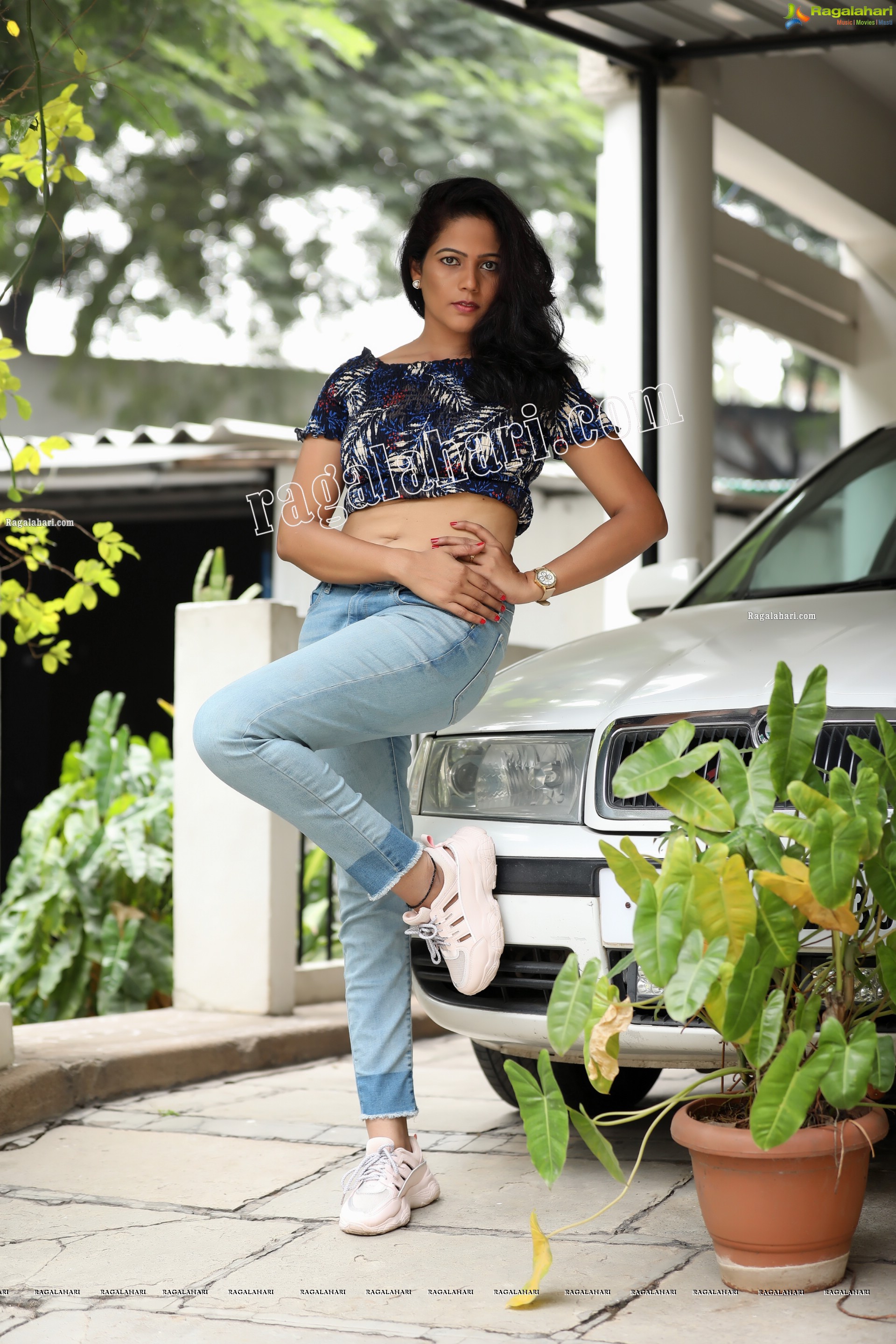 Shaik Faiza in Blue Floral Top and Denim Jacket, Exclusive Photo Shoot