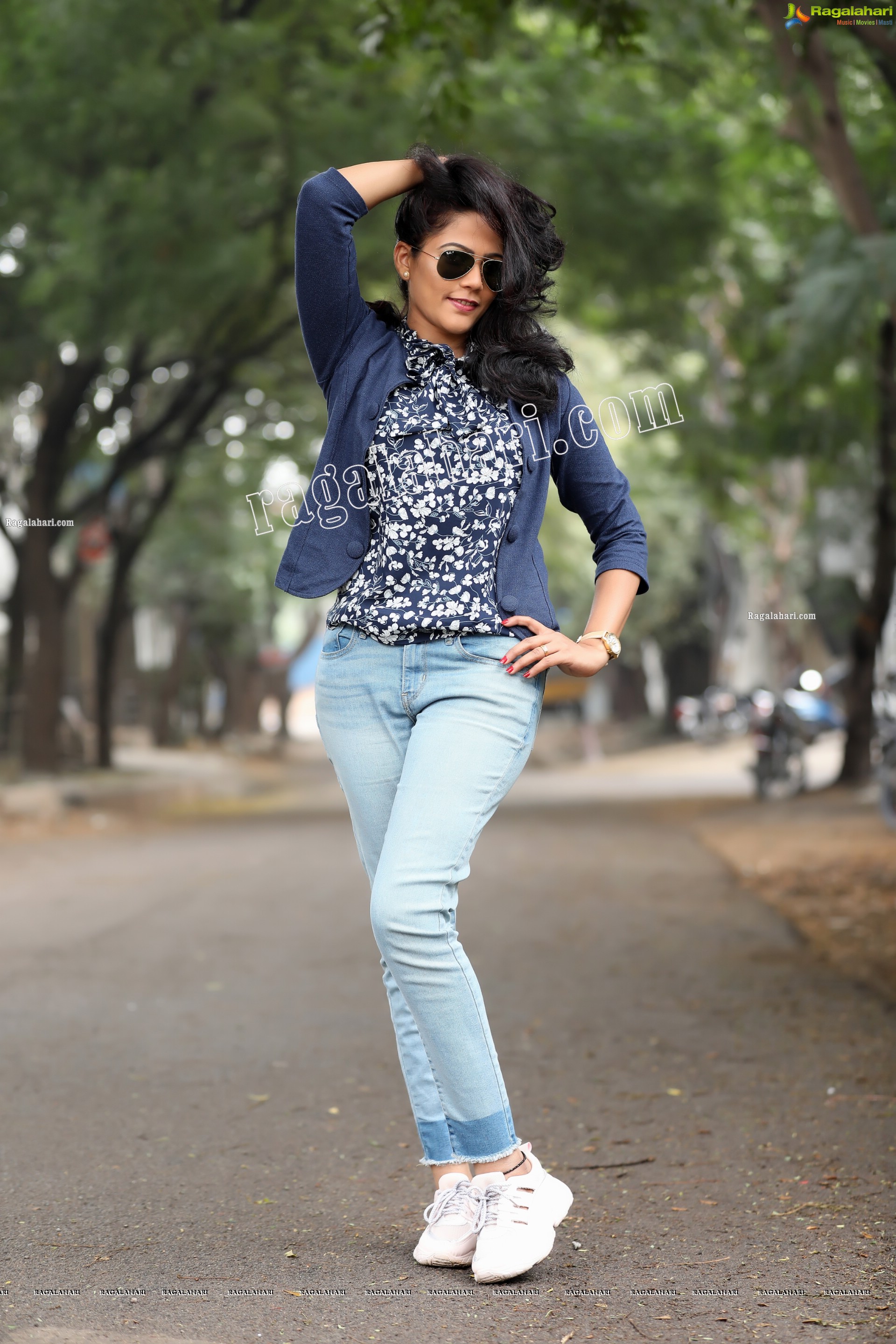 Shaik Faiza in Blue Floral Top and Denim Jacket, Exclusive Photo Shoot