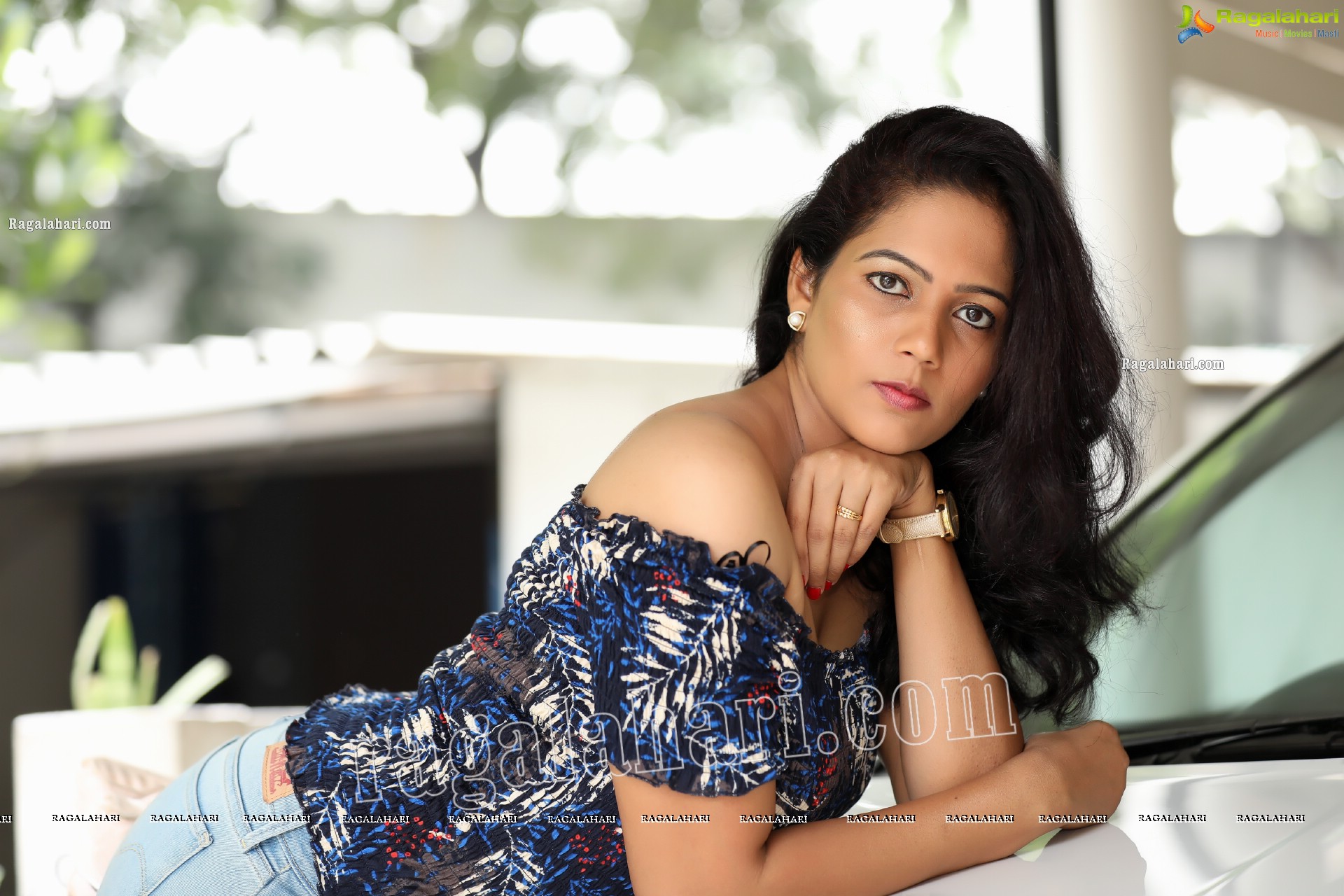 Shaik Faiza in Blue Floral Top and Denim Jacket, Exclusive Photo Shoot