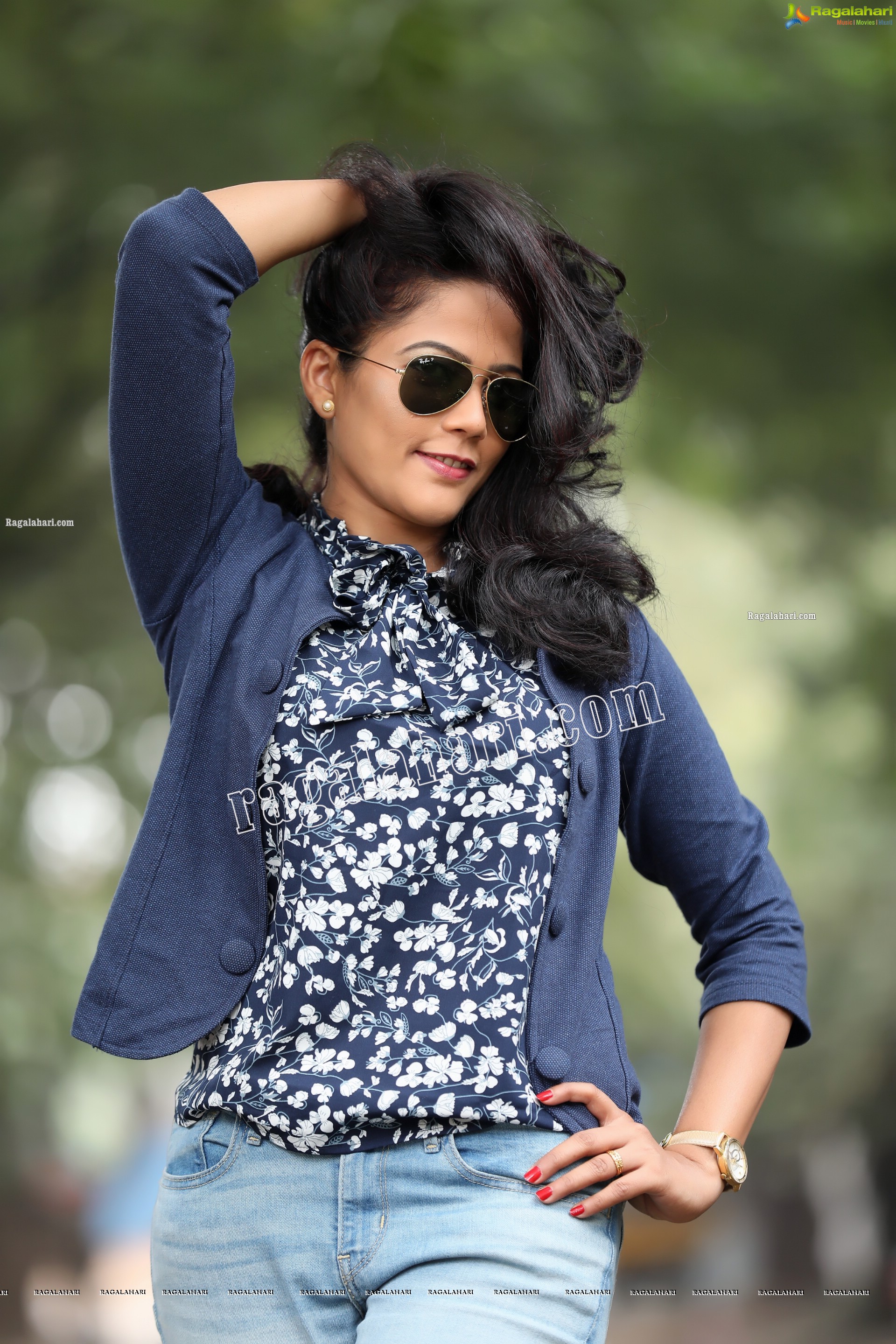 Shaik Faiza in Blue Floral Top and Denim Jacket, Exclusive Photo Shoot