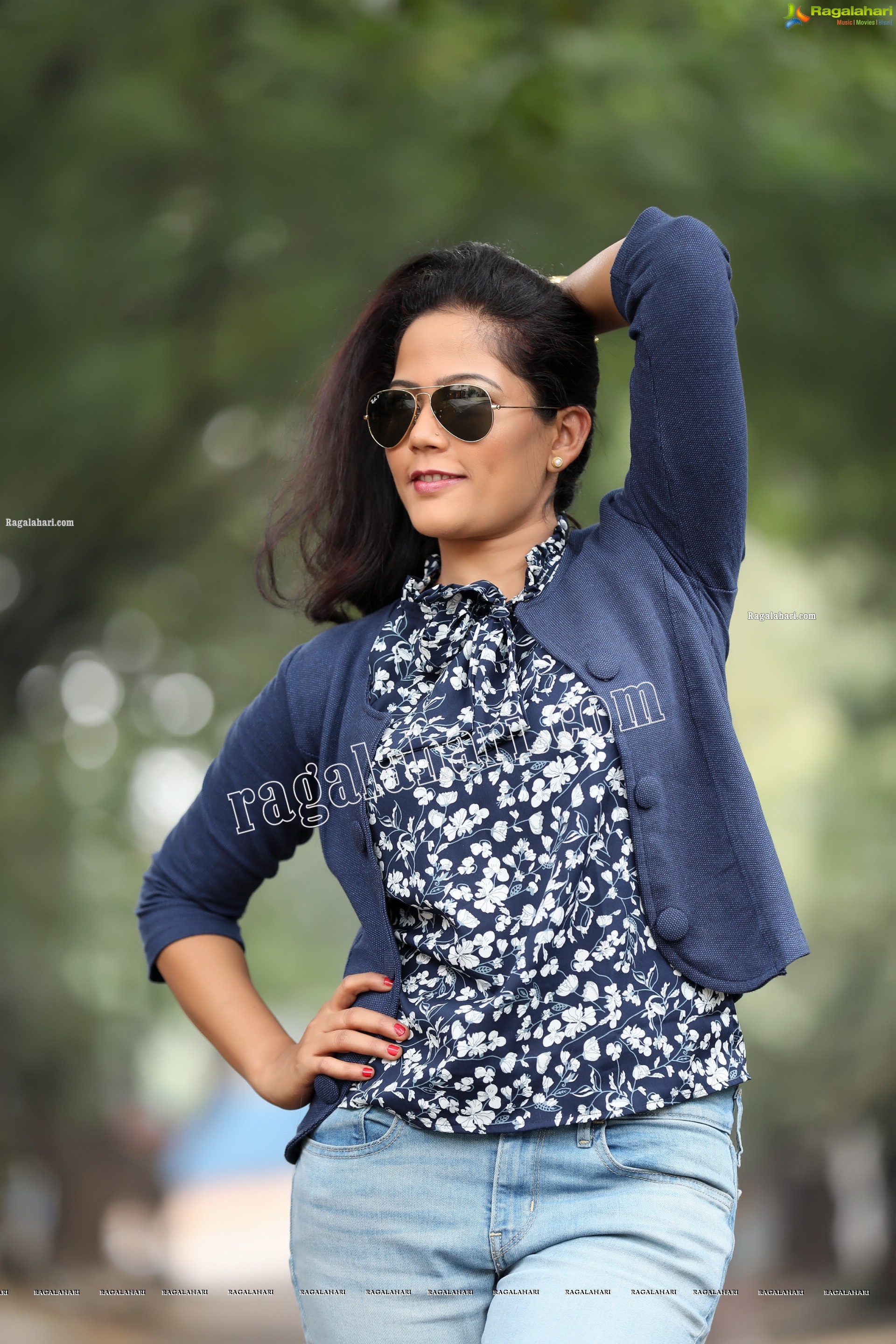 Shaik Faiza in Blue Floral Top and Denim Jacket, Exclusive Photo Shoot