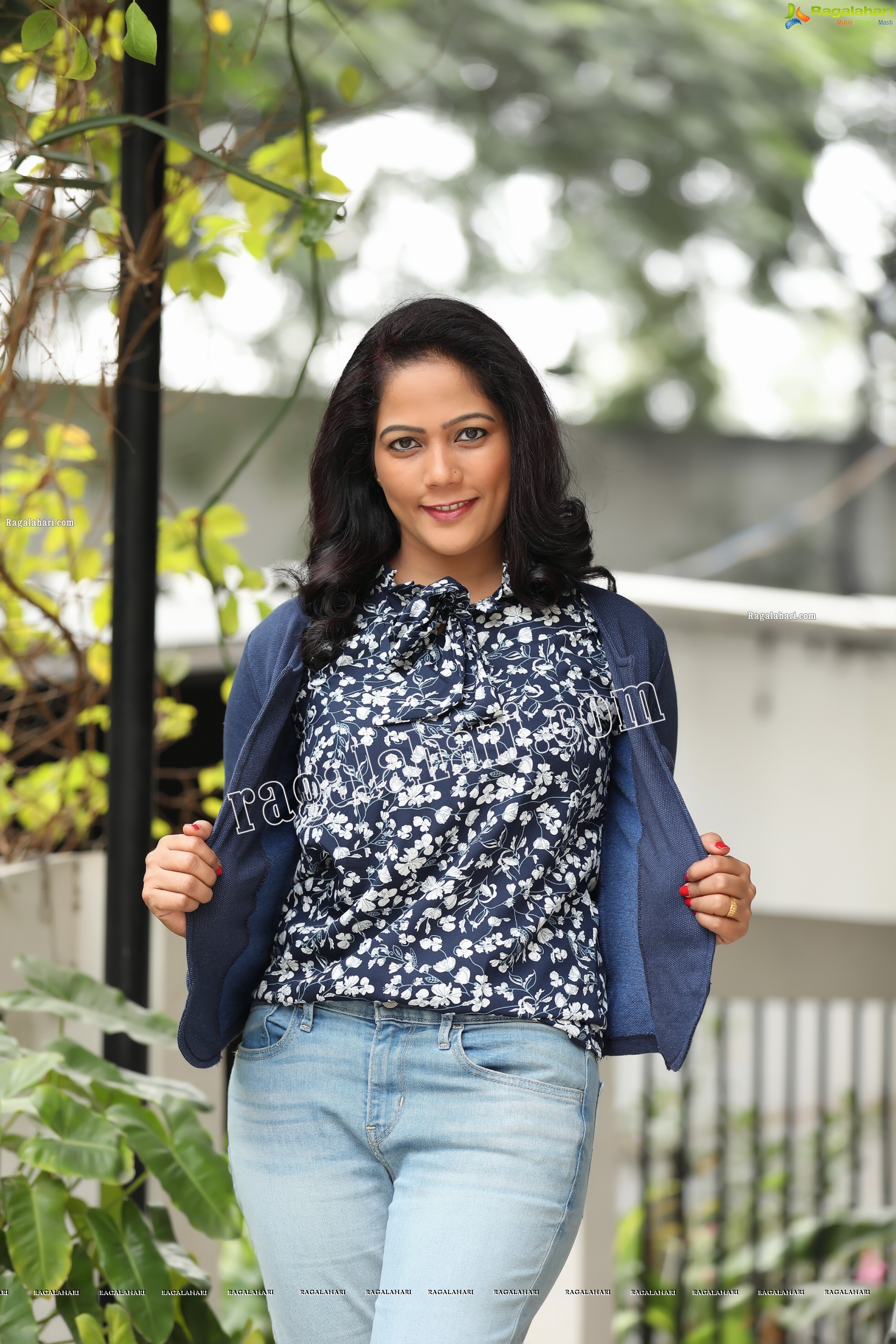 Shaik Faiza in Blue Floral Top and Denim Jacket, Exclusive Photo Shoot