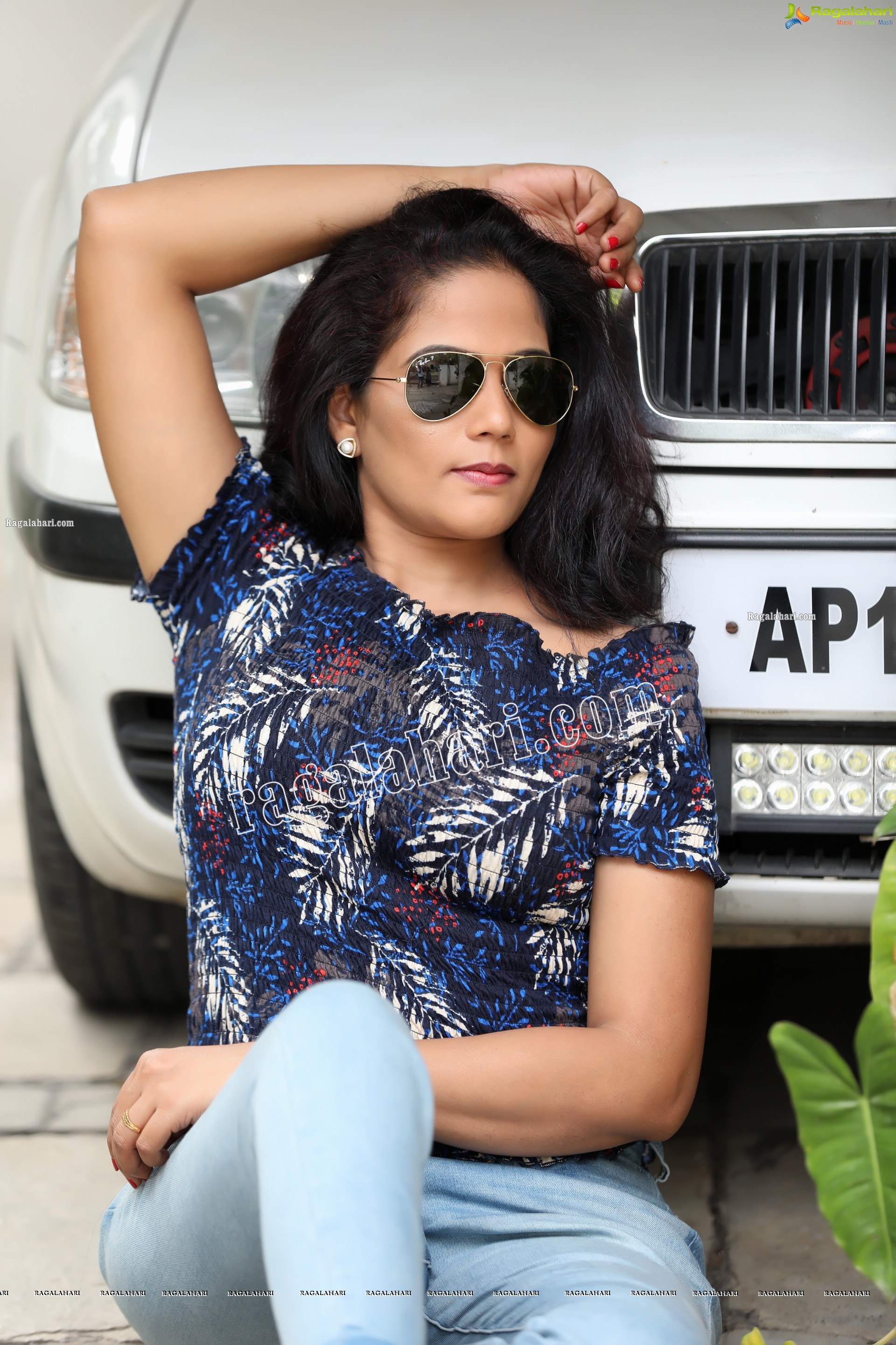 Shaik Faiza in Blue Floral Top and Denim Jacket, Exclusive Photo Shoot