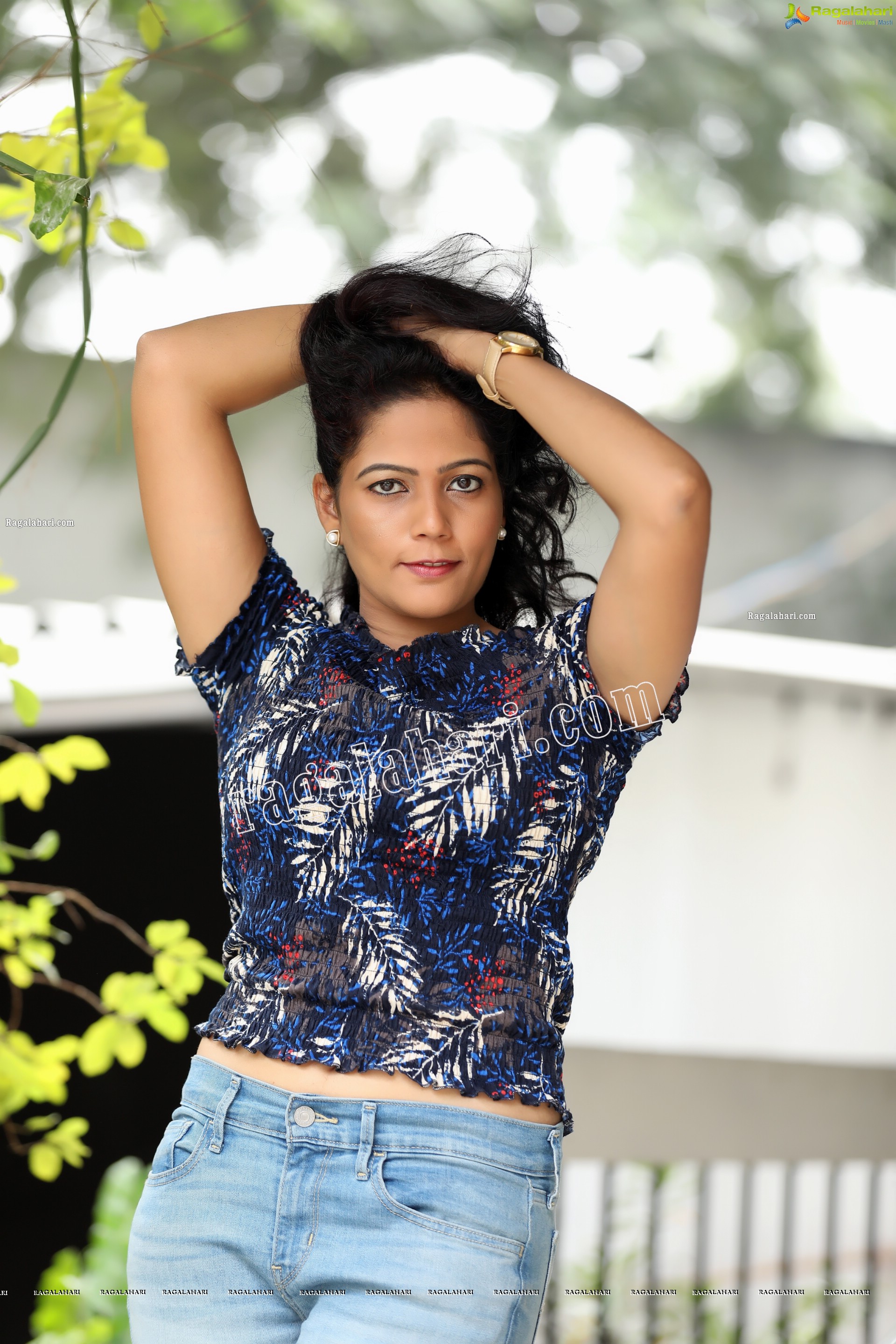 Shaik Faiza in Blue Floral Top and Denim Jacket, Exclusive Photo Shoot