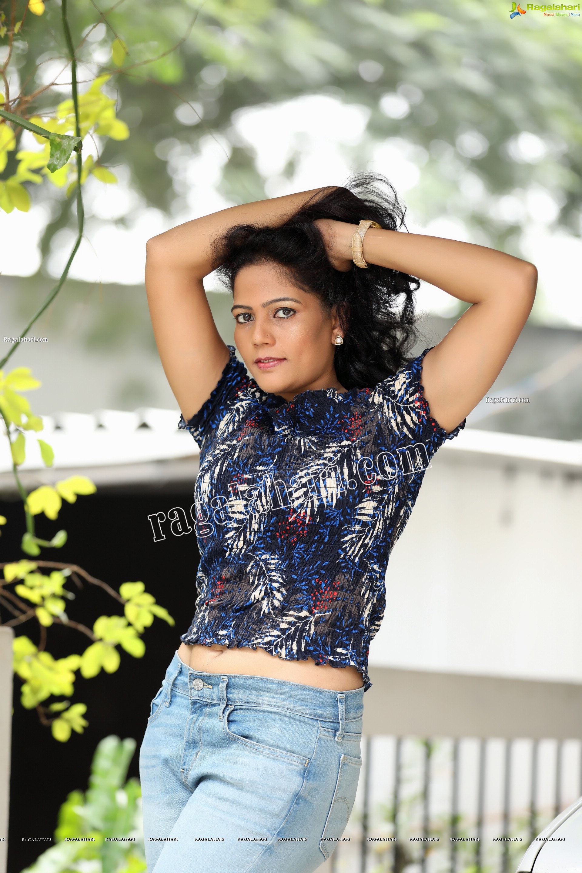 Shaik Faiza in Blue Floral Top and Denim Jacket, Exclusive Photo Shoot