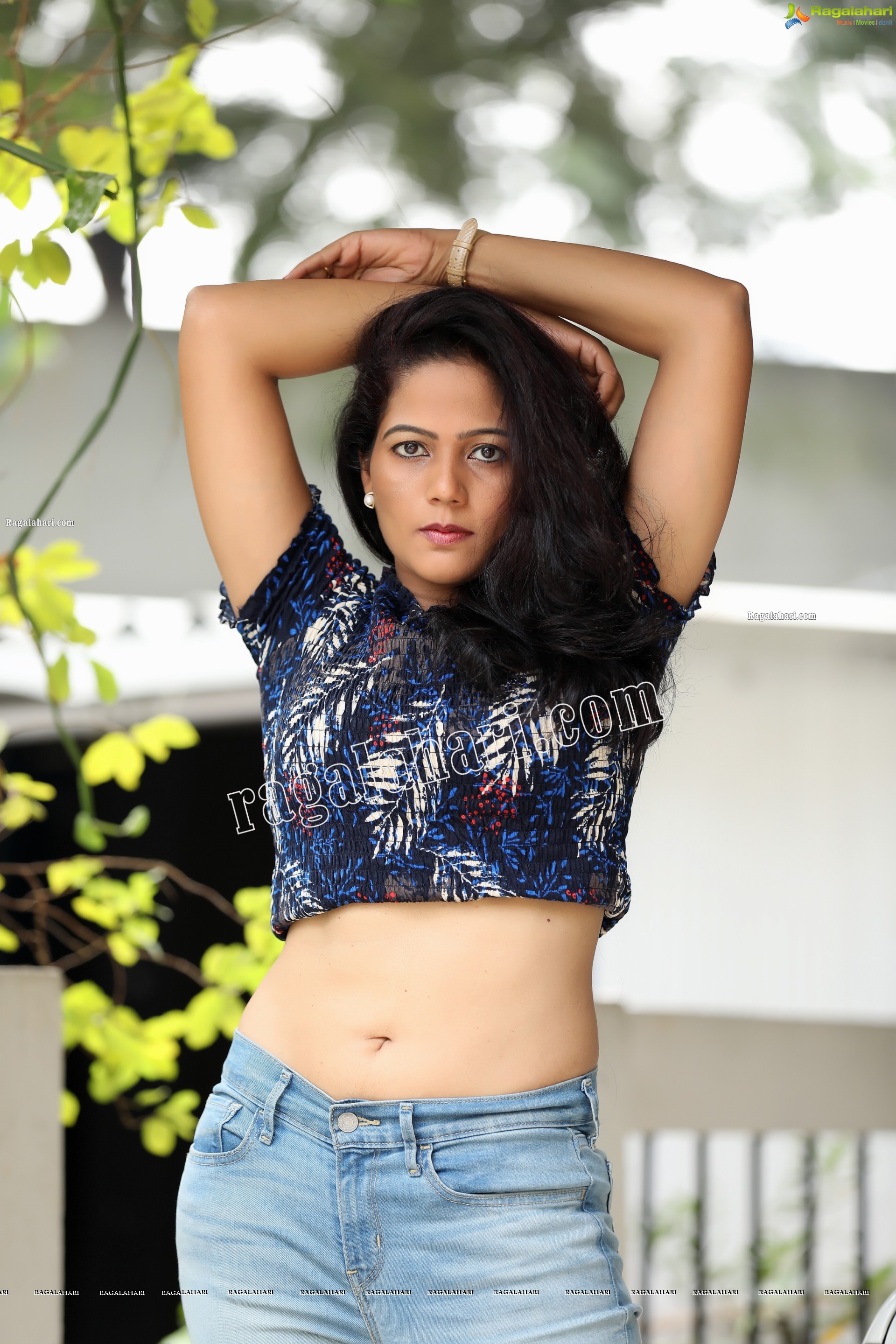 Shaik Faiza in Blue Floral Top and Denim Jacket, Exclusive Photo Shoot