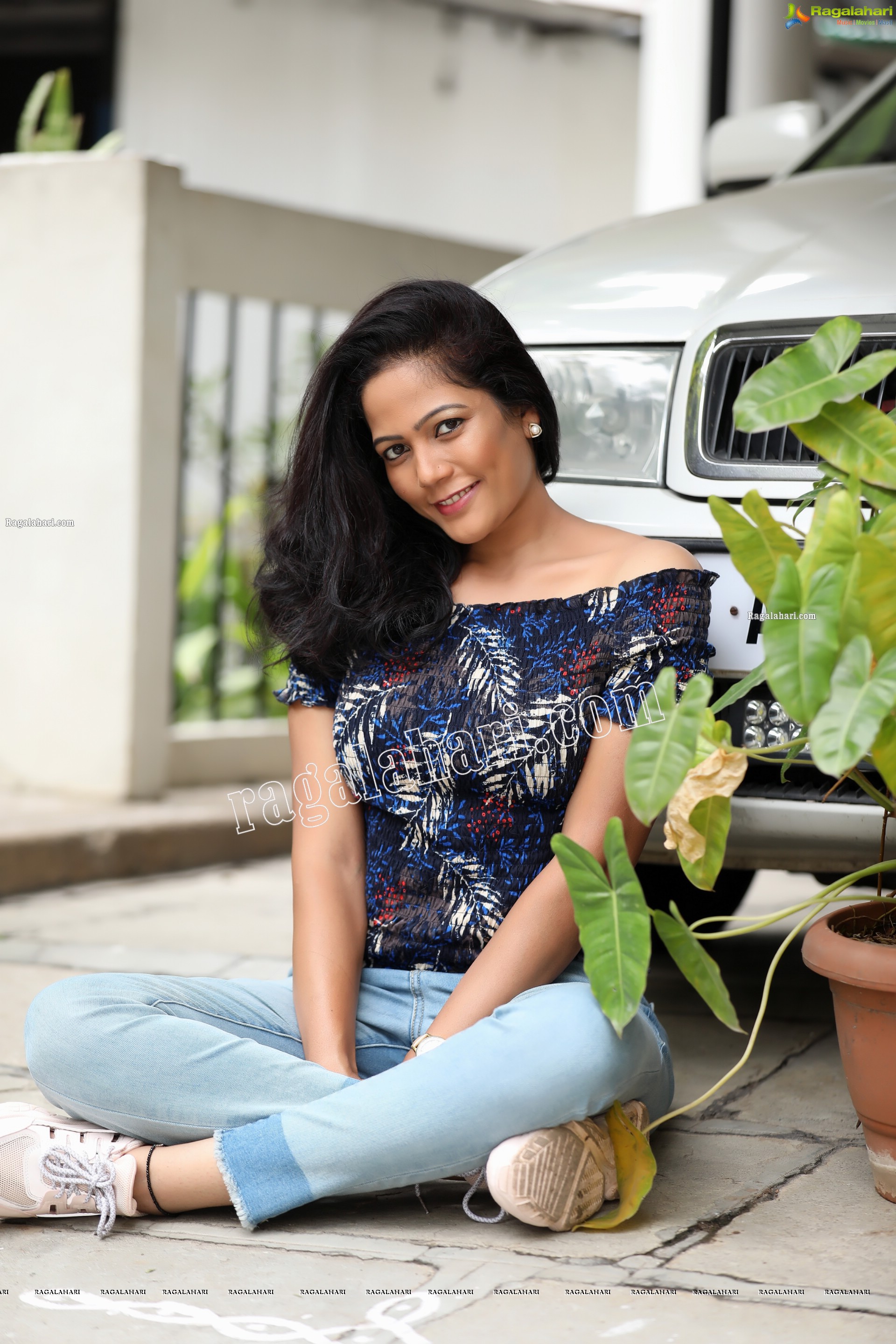 Shaik Faiza in Blue Floral Top and Denim Jacket, Exclusive Photo Shoot