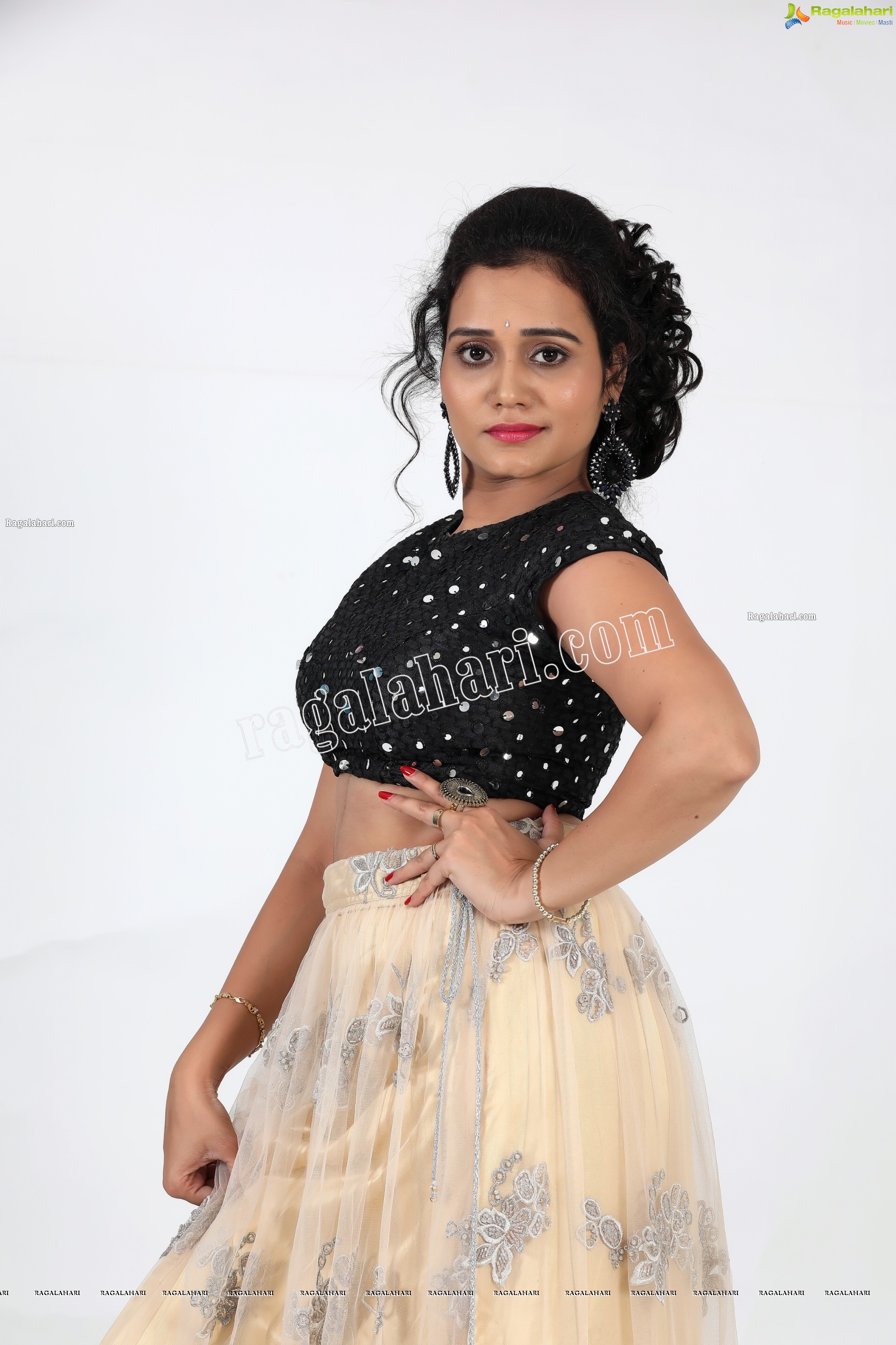 VJ Jaanu in Champagne Lehenga and Black Sequin Blouse, Exclusive Photo Shoot