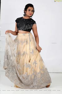 VJ Jaanu in Champagne Lehenga and Black Sequin Blouse