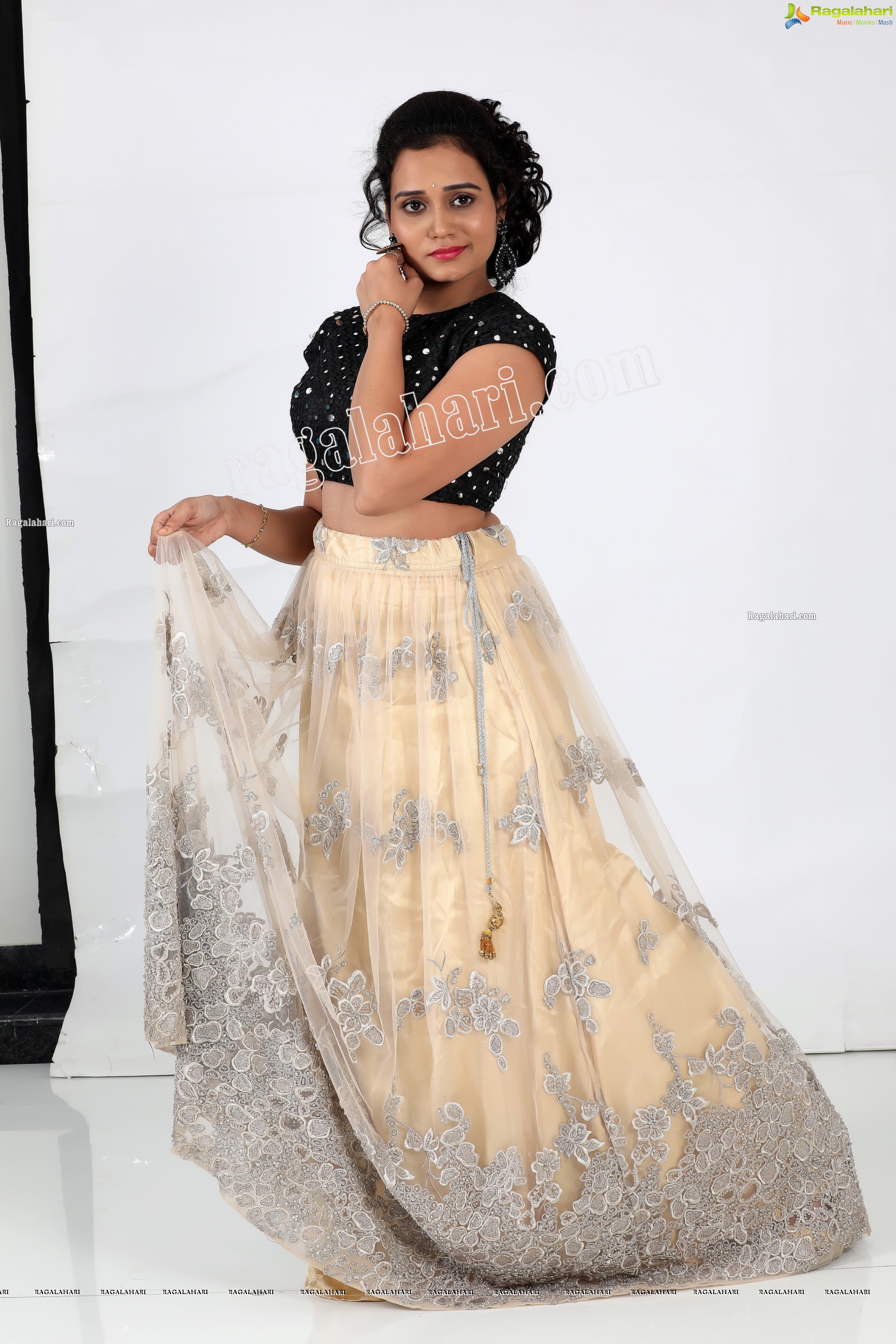 VJ Jaanu in Champagne Lehenga and Black Sequin Blouse, Exclusive Photo Shoot