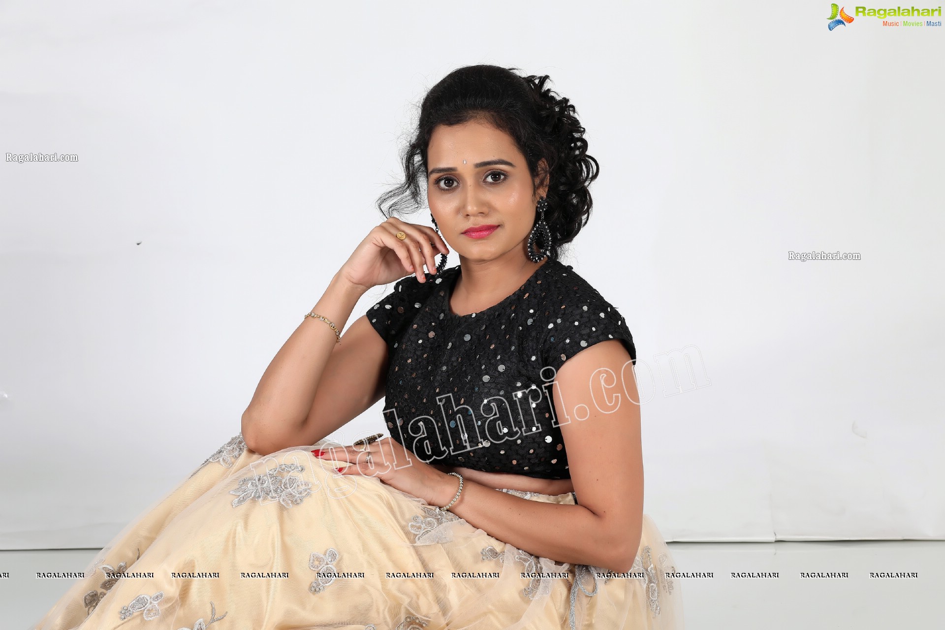 VJ Jaanu in Champagne Lehenga and Black Sequin Blouse, Exclusive Photo Shoot