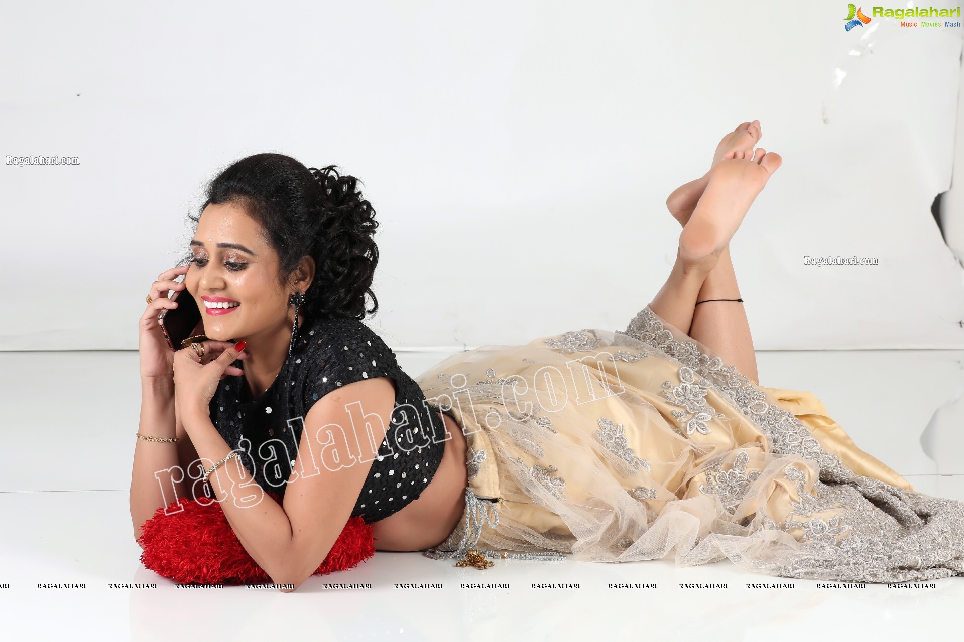 VJ Jaanu in Champagne Lehenga and Black Sequin Blouse, Exclusive Photo Shoot