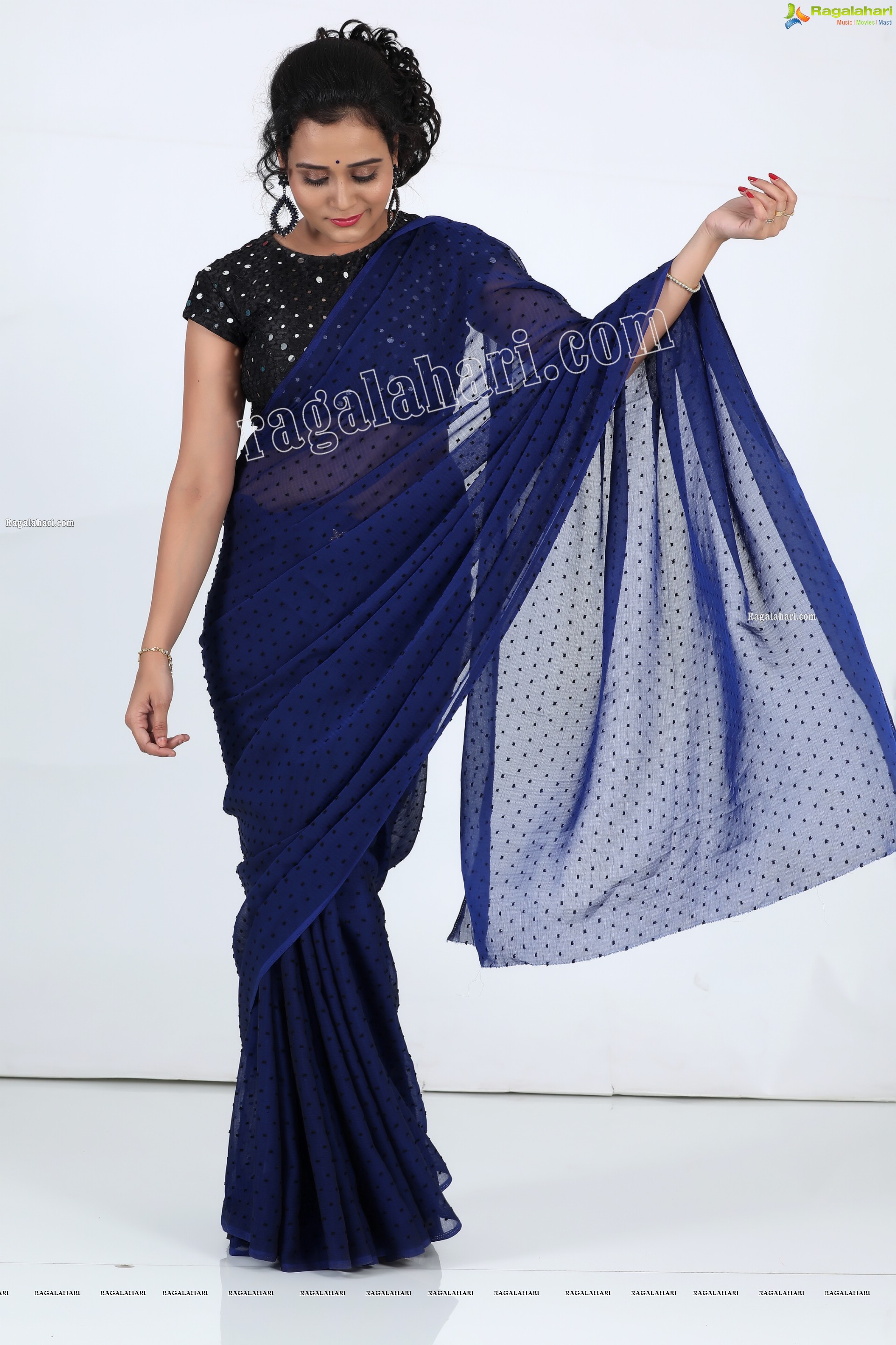 VJ Jaanu in Navy Blue Chiffon Saree Exclusive Photo Shoot