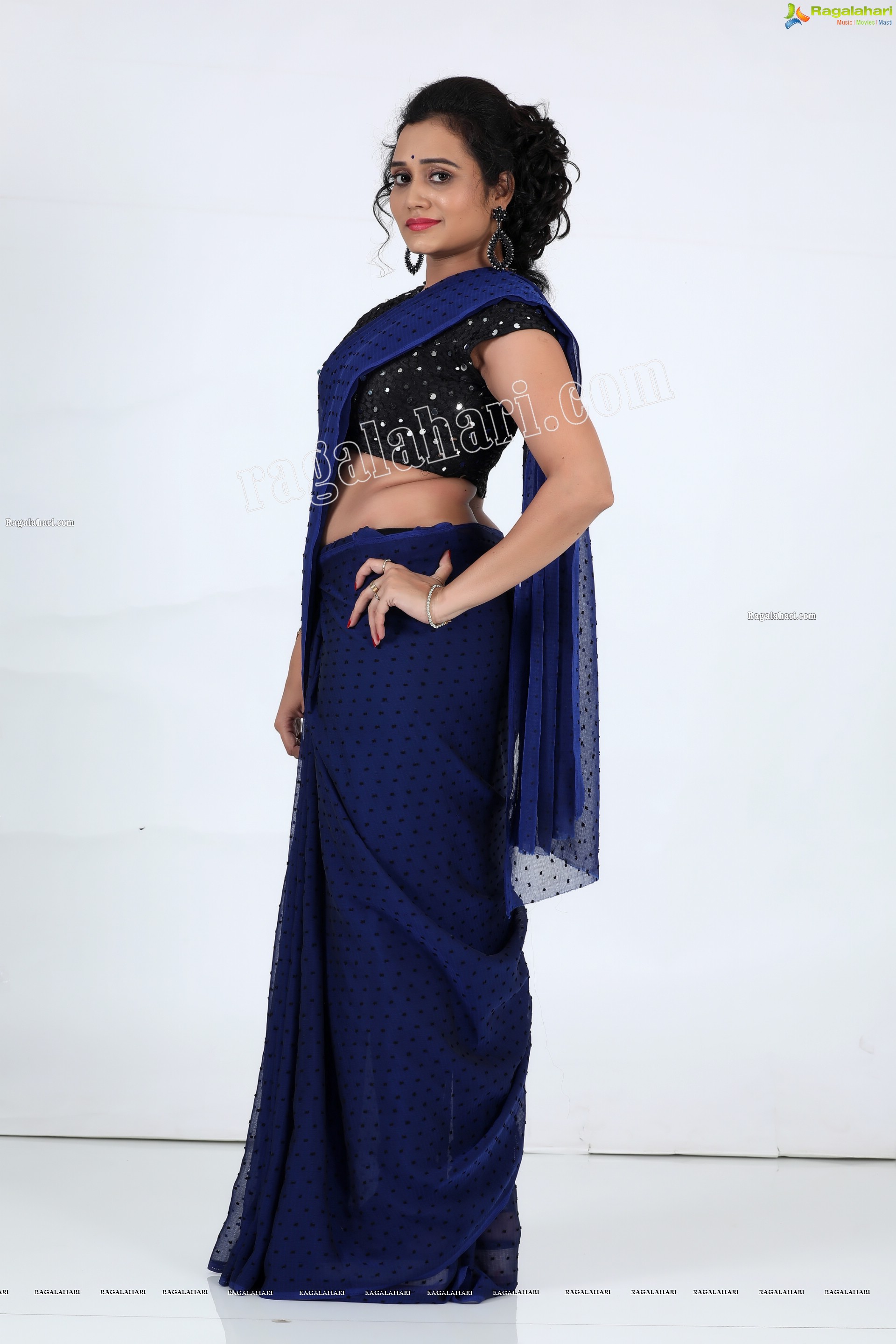 VJ Jaanu in Navy Blue Chiffon Saree Exclusive Photo Shoot